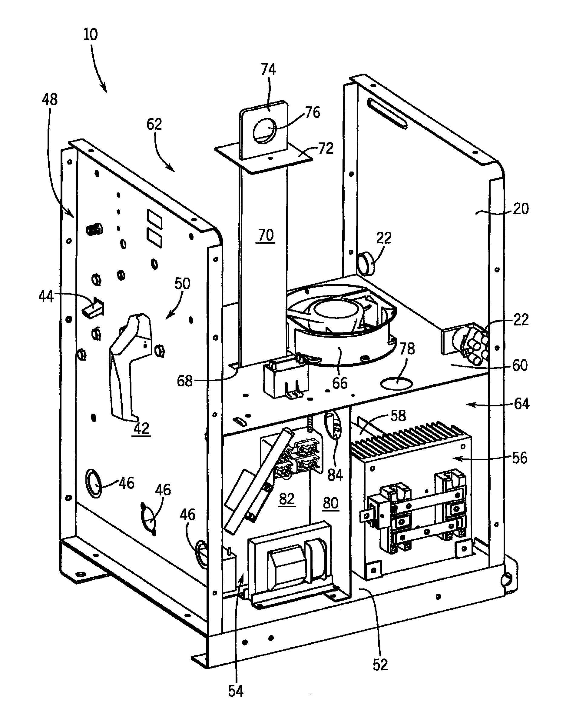 Apparatus for a welding machine having a cooling assembly mounted to a mid-plane baffle for improved cooling within the welding machine