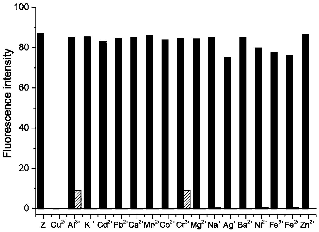 Bifunctional fluorescent probe for identifying copper ions and mercury ions as well as preparation method and application thereof