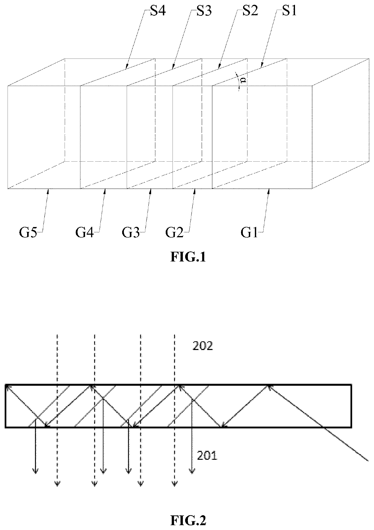 Broadband cascaded splitting film array waveguide and display system comprising same