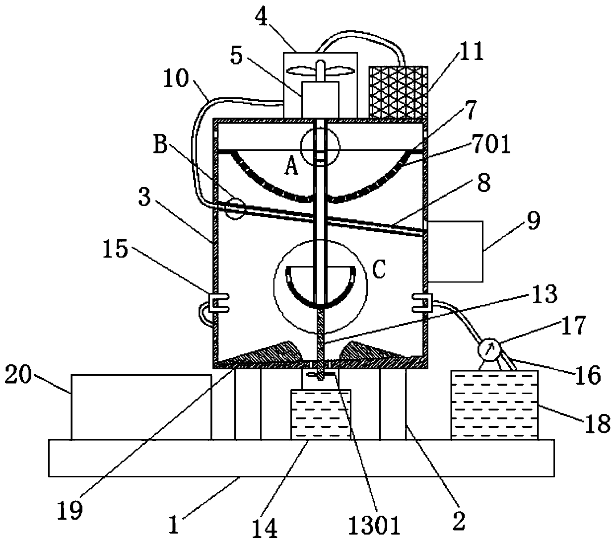 Screening and spraying device for feed processing based on Bernoulli principle