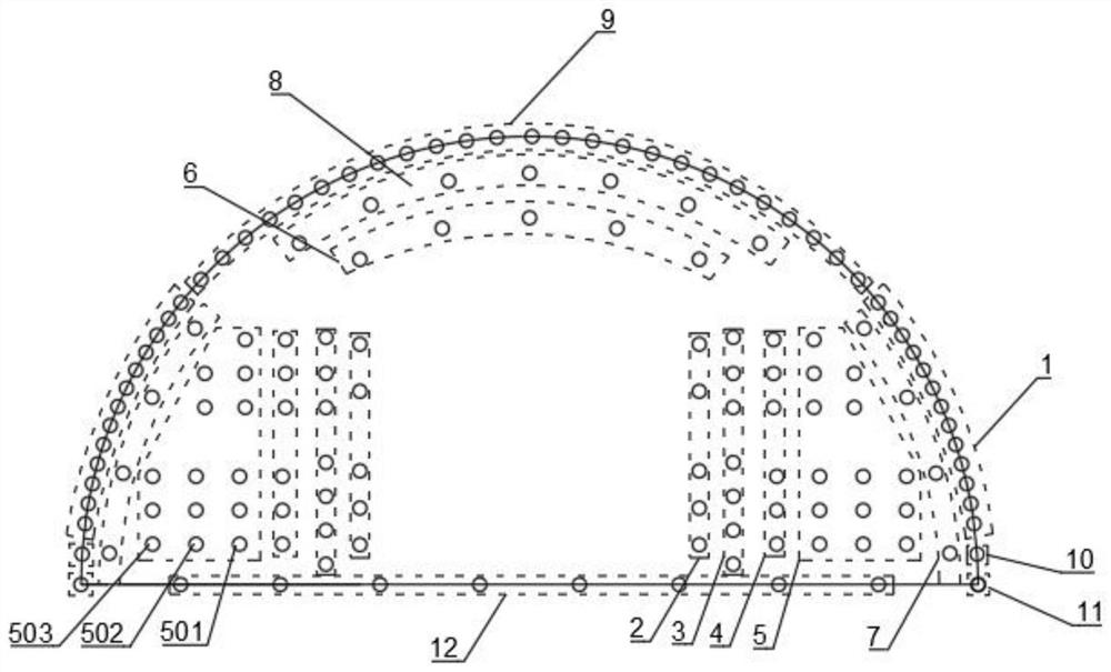 Hard rock tunnel presplitting smooth surface combined blasting structure and method for reducing blasting vibration