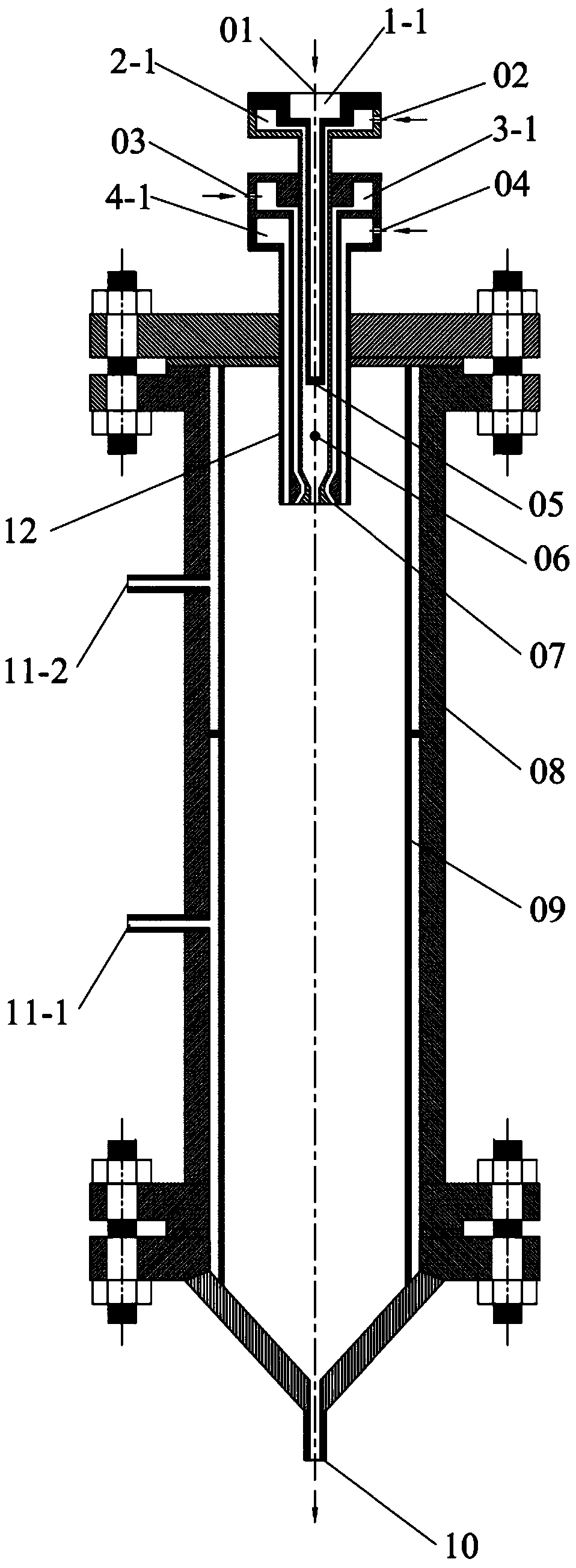 Gas-liquid mixing device for supercritical hydrothermal combustion reactor and application thereof