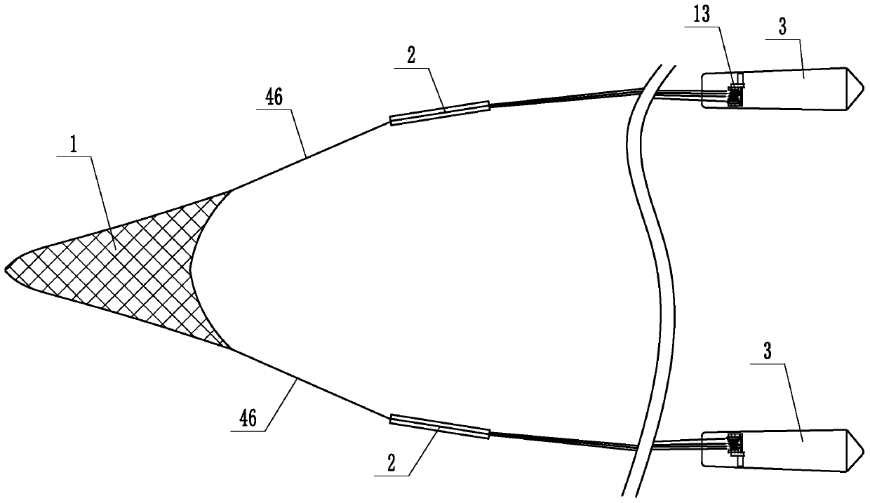 A structure and method for controlling the opening and closing of trawl nets by using unmanned ships