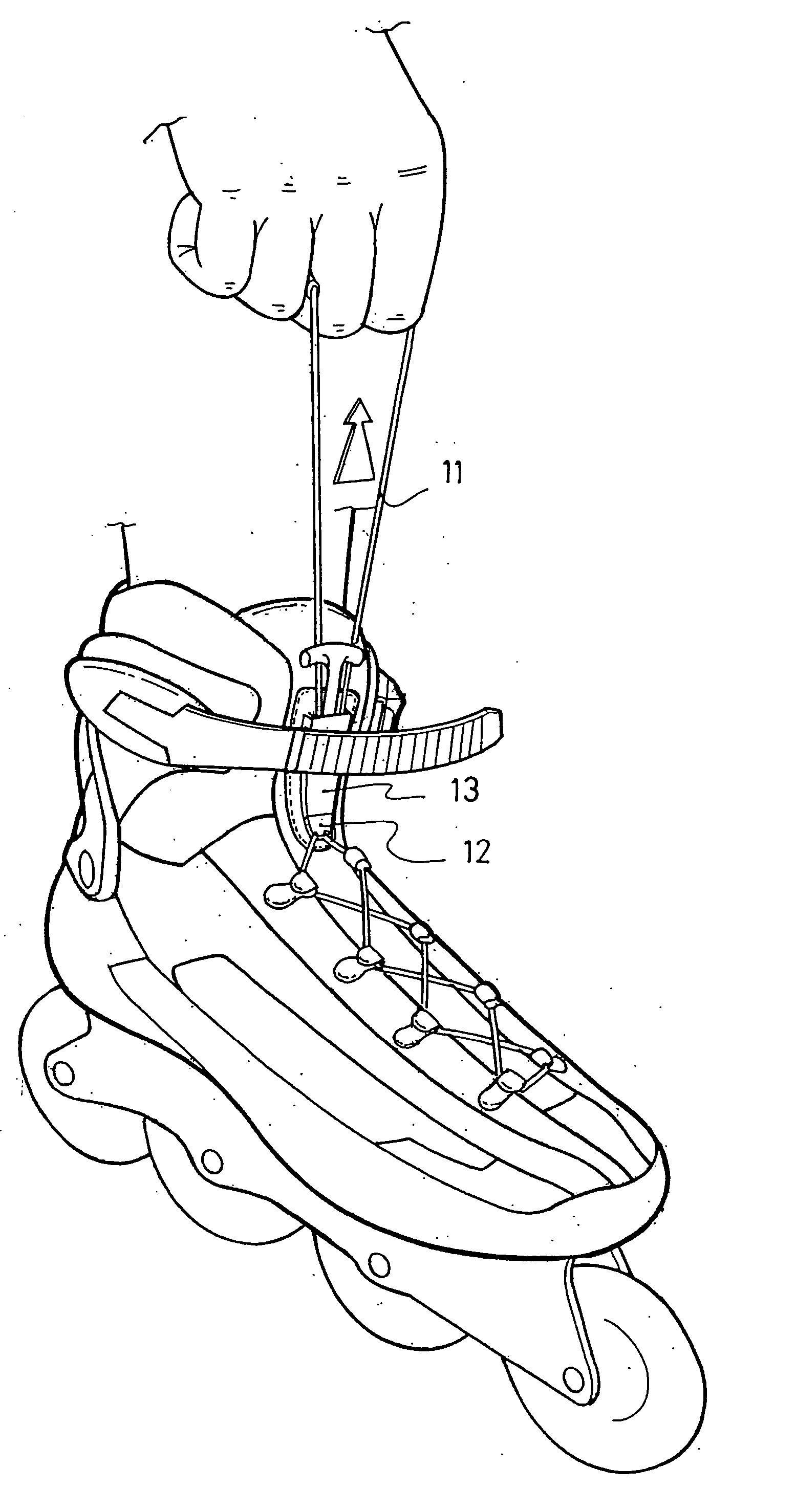 Lacing device for sports footwear
