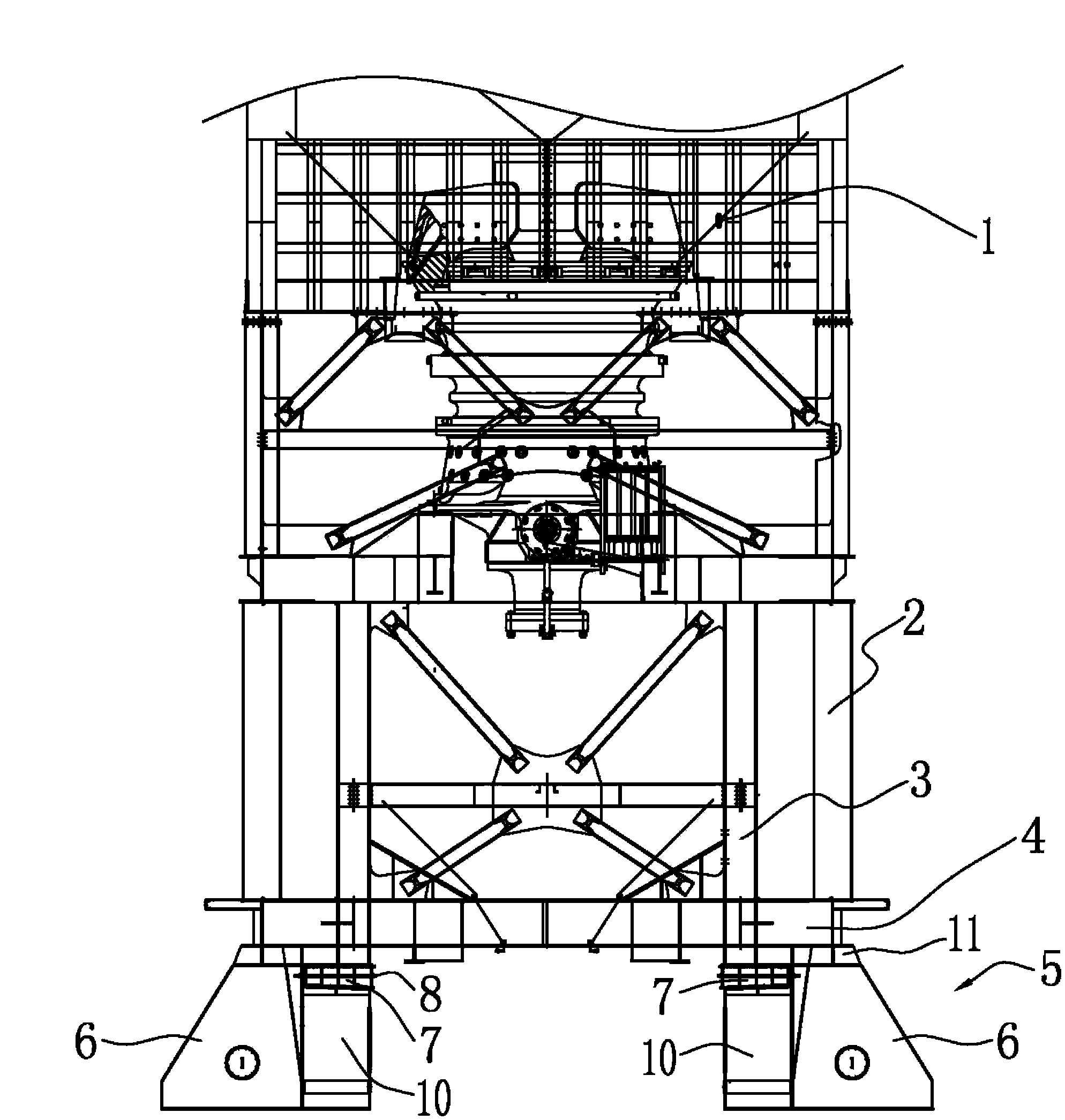 Floating bridge type pedestal of semi-mobile crushing station for mining, and its application