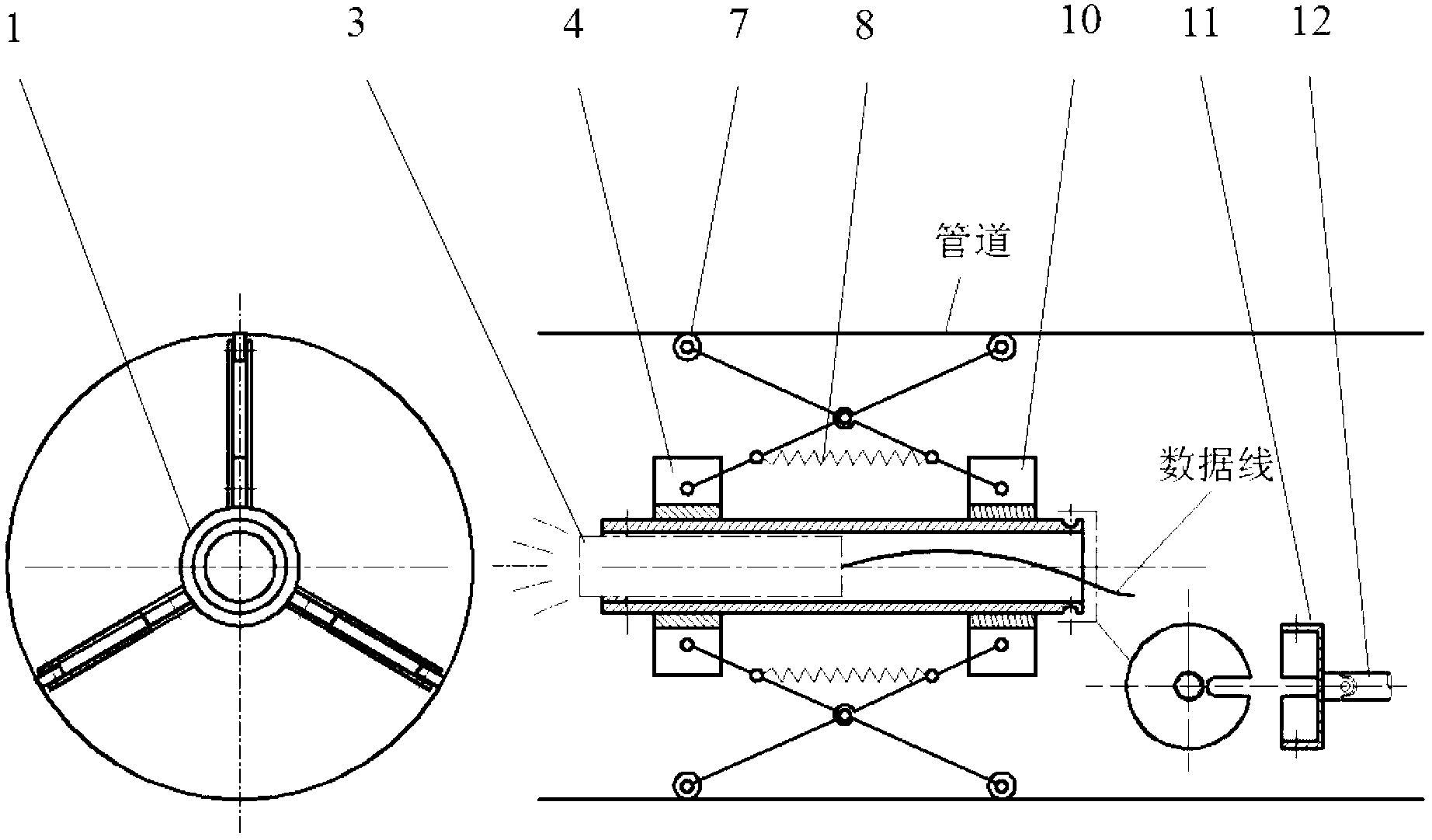 Video detection camera automatic centering device in pipe