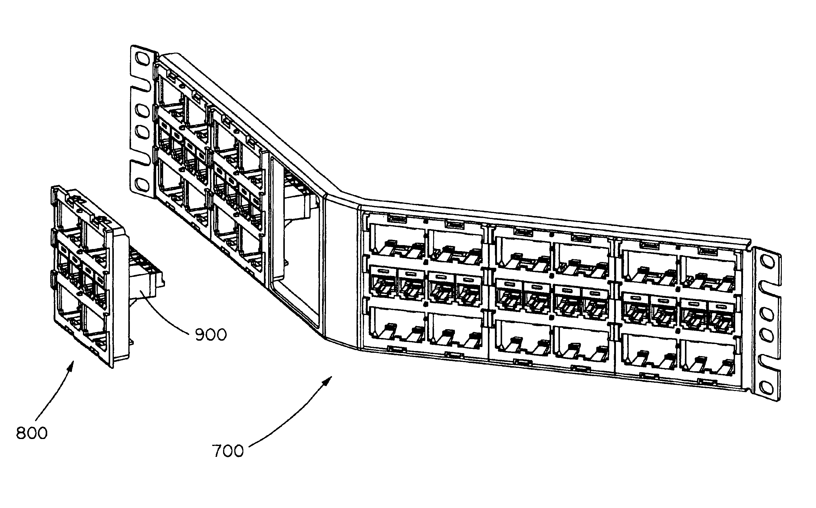 Angled patch panel with cable support bar for network cable racks