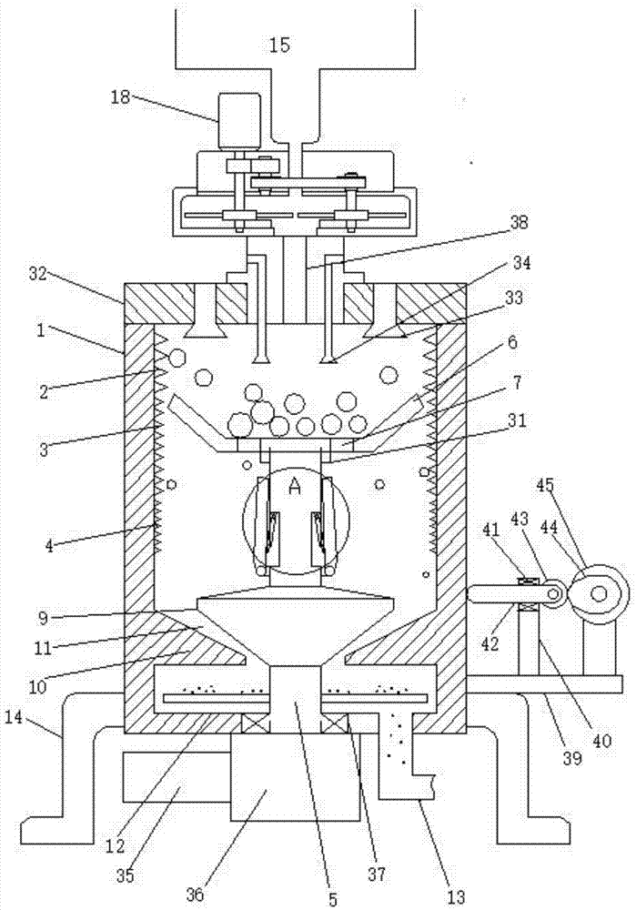 Three-level centrifugal corn grinder preventing feed from being bridged and grinding method