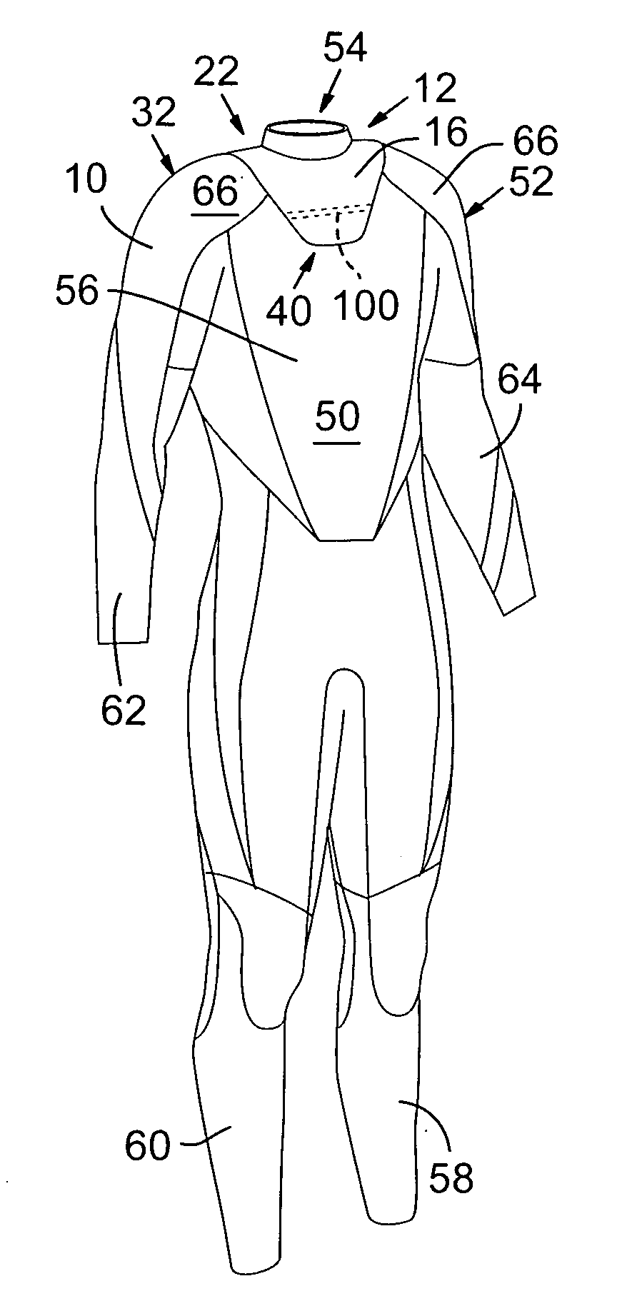 Wetsuit with flush resistant through shoulder entry system