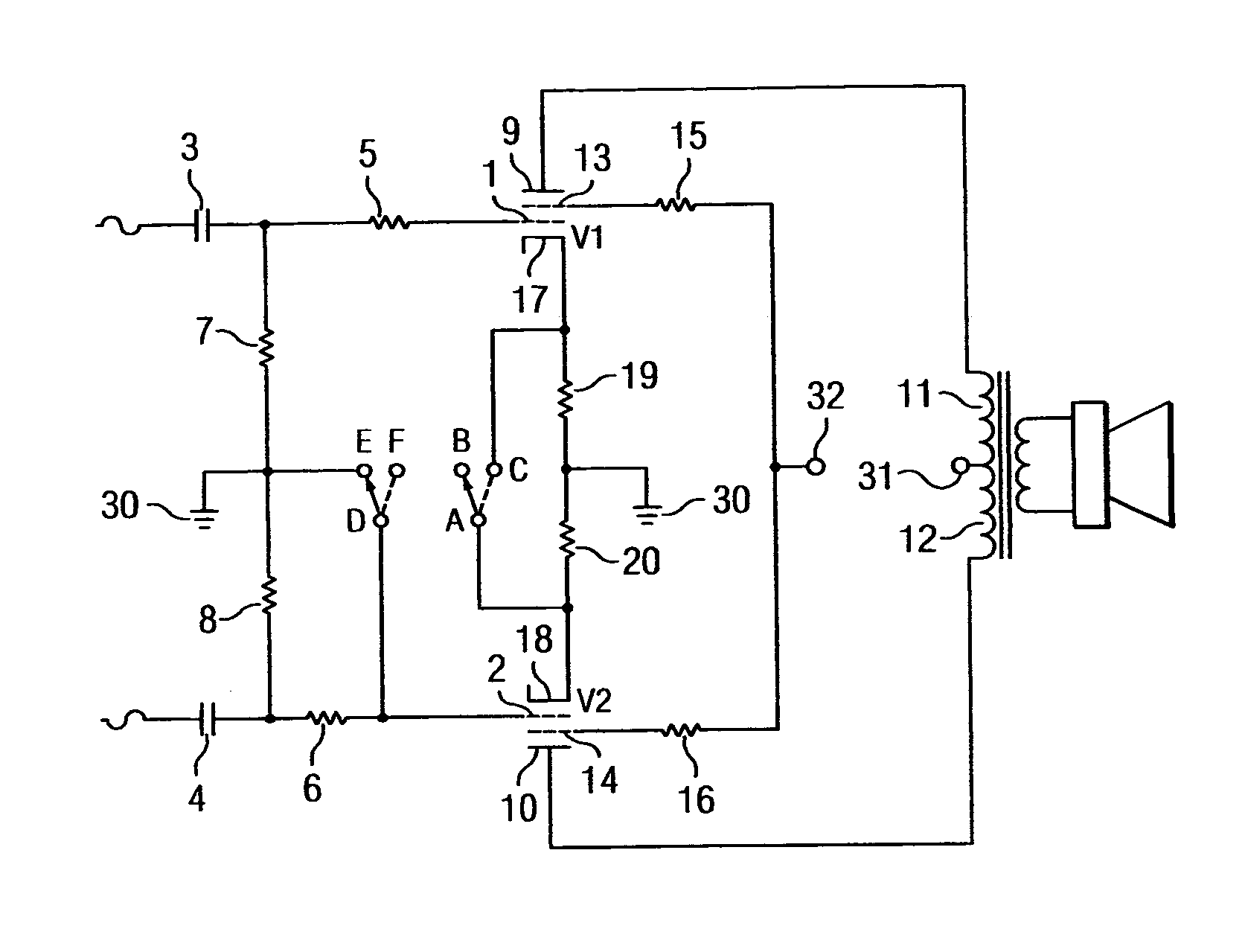Vacuum tube power amplifier switchable between push-pull and single ended configurations