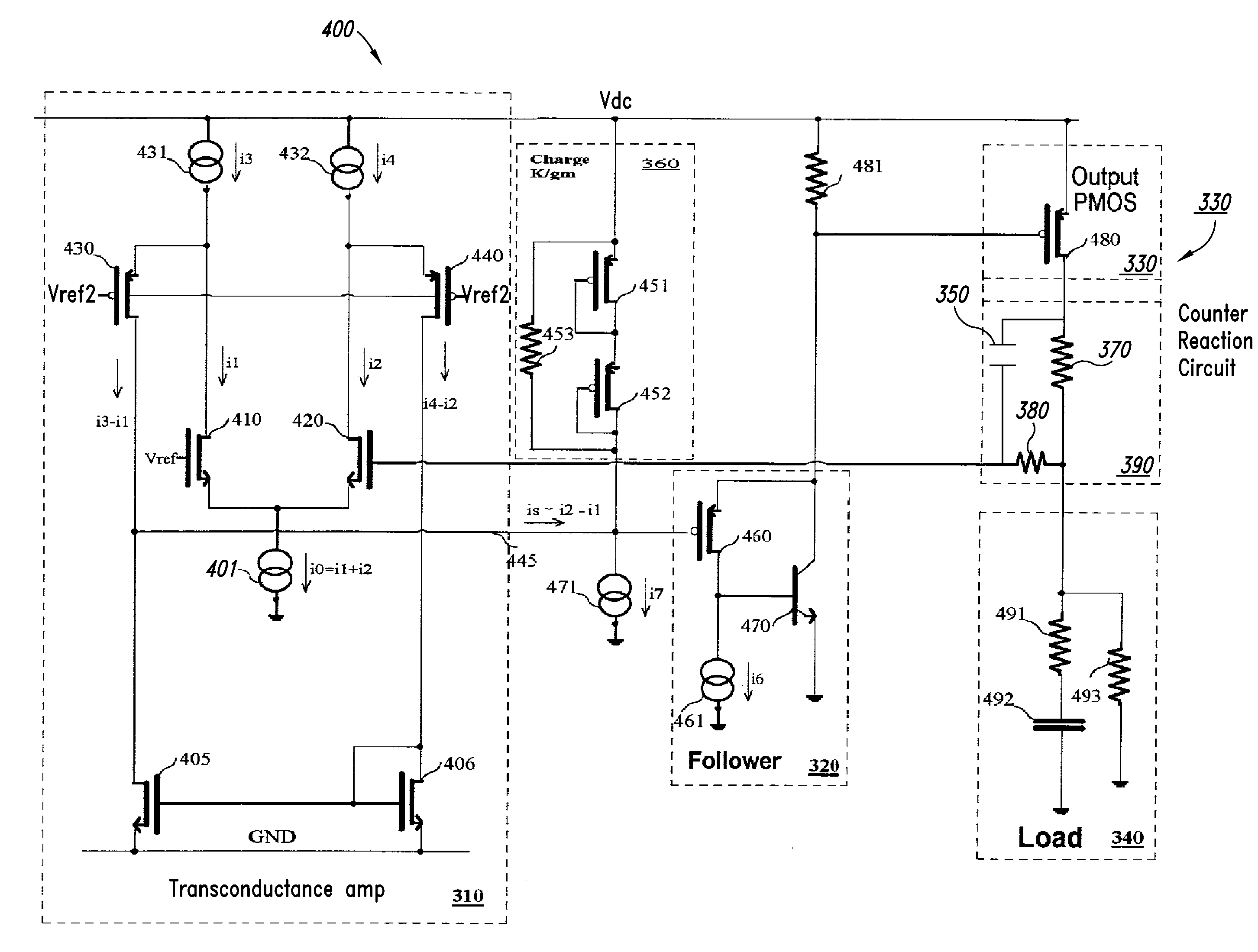Series voltage regulator with low dropout voltage and limited gain transconductance amplifier