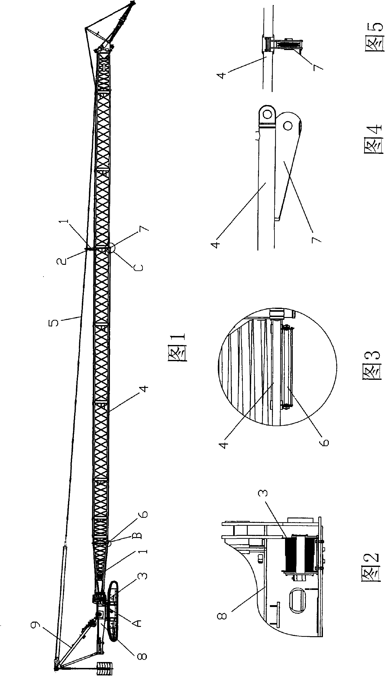 Method and device for reducing over-high deflection in amplitude changing process of caterpillar-band crane arm support