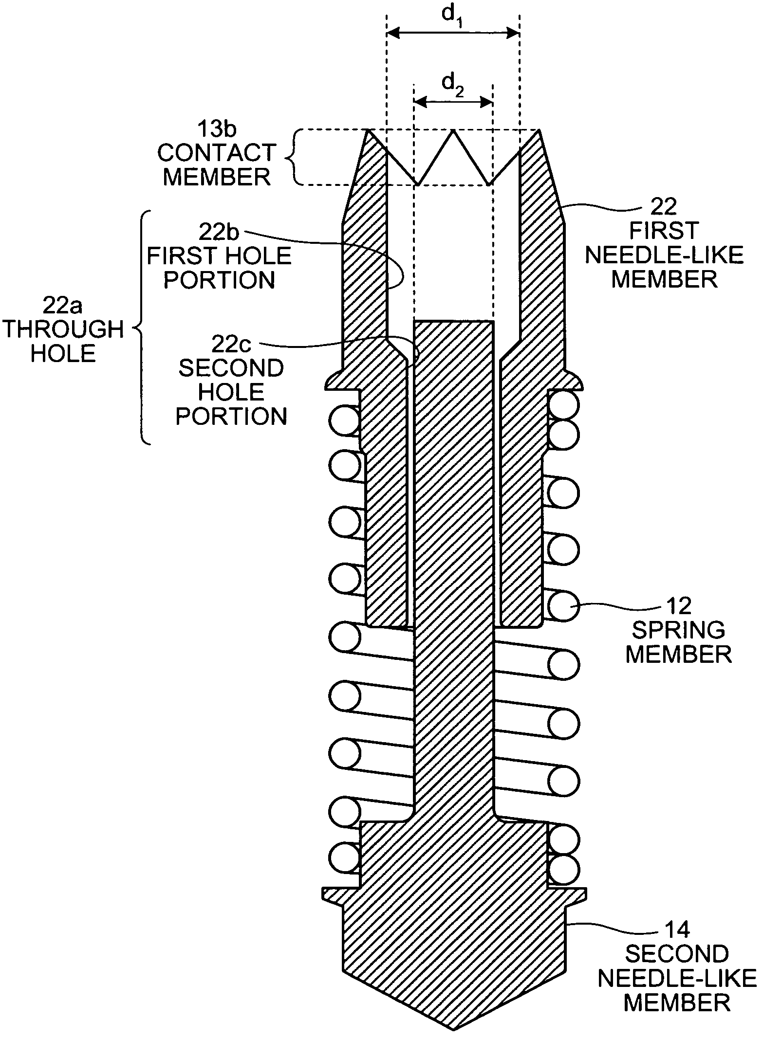 Needle-like member, conductive contact, and conductive contact unit