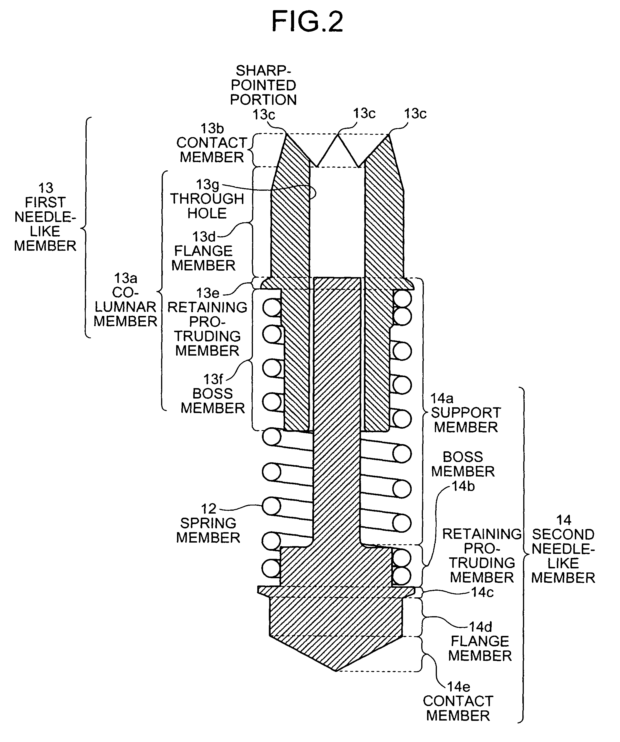 Needle-like member, conductive contact, and conductive contact unit