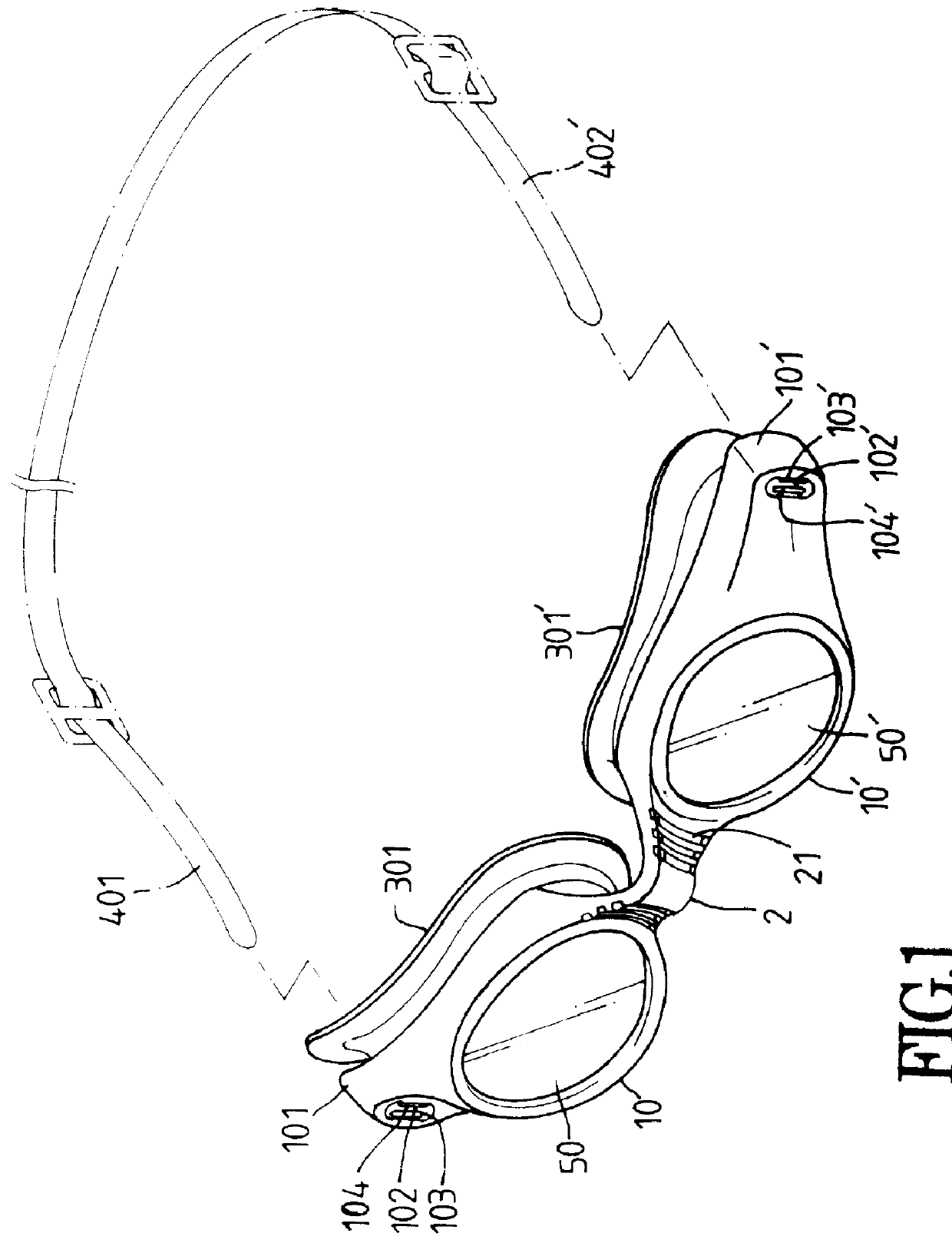 Goggles with connecting plate assembly at outer ends