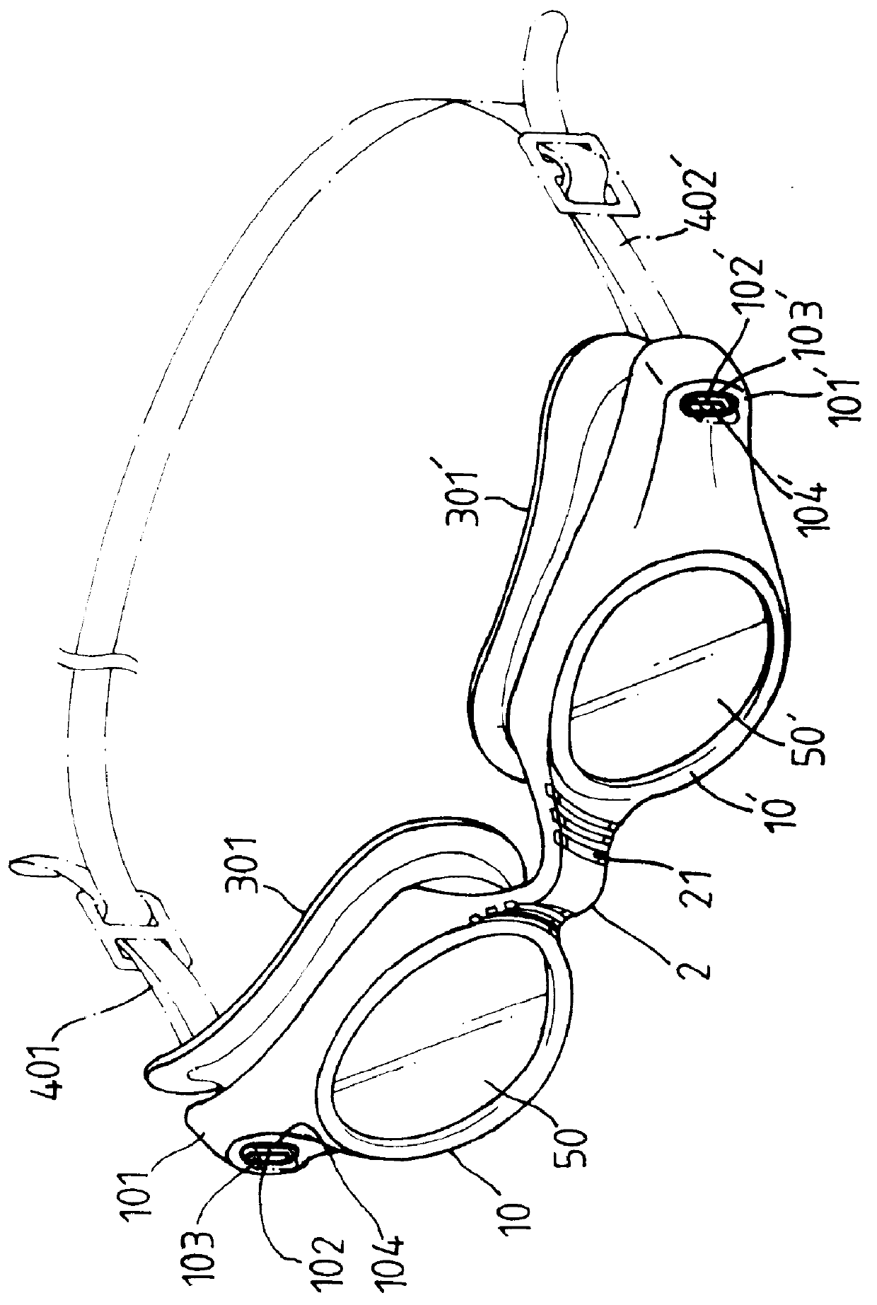 Goggles with connecting plate assembly at outer ends