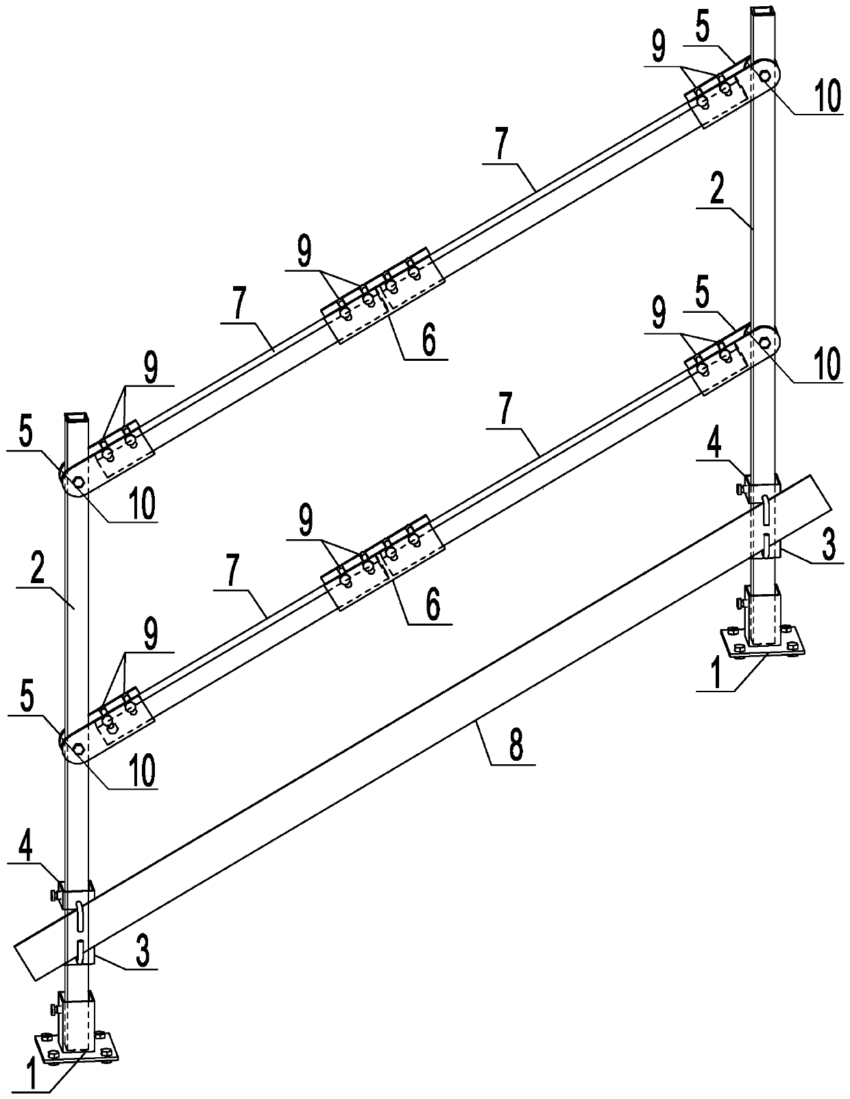 Angle-adjustable edge safety protection railing for building site and installation and construction method thereof