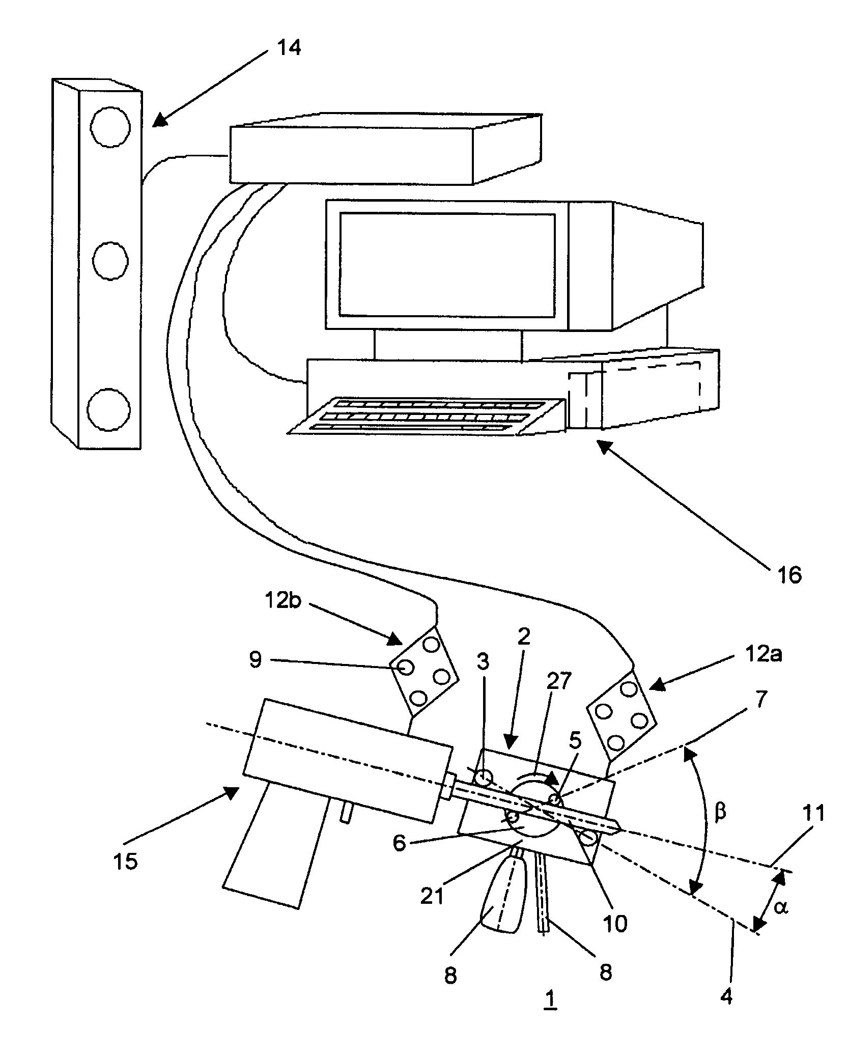 Device and process for calibrating geometrical measurements of surgical tools and orienting the same in space