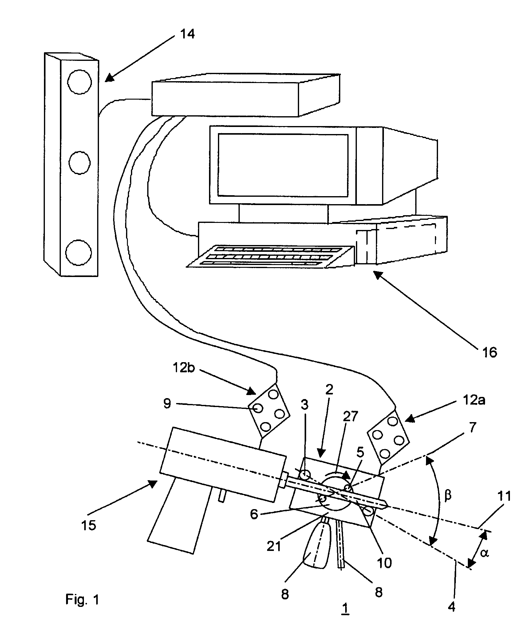 Device and process for calibrating geometrical measurements of surgical tools and orienting the same in space
