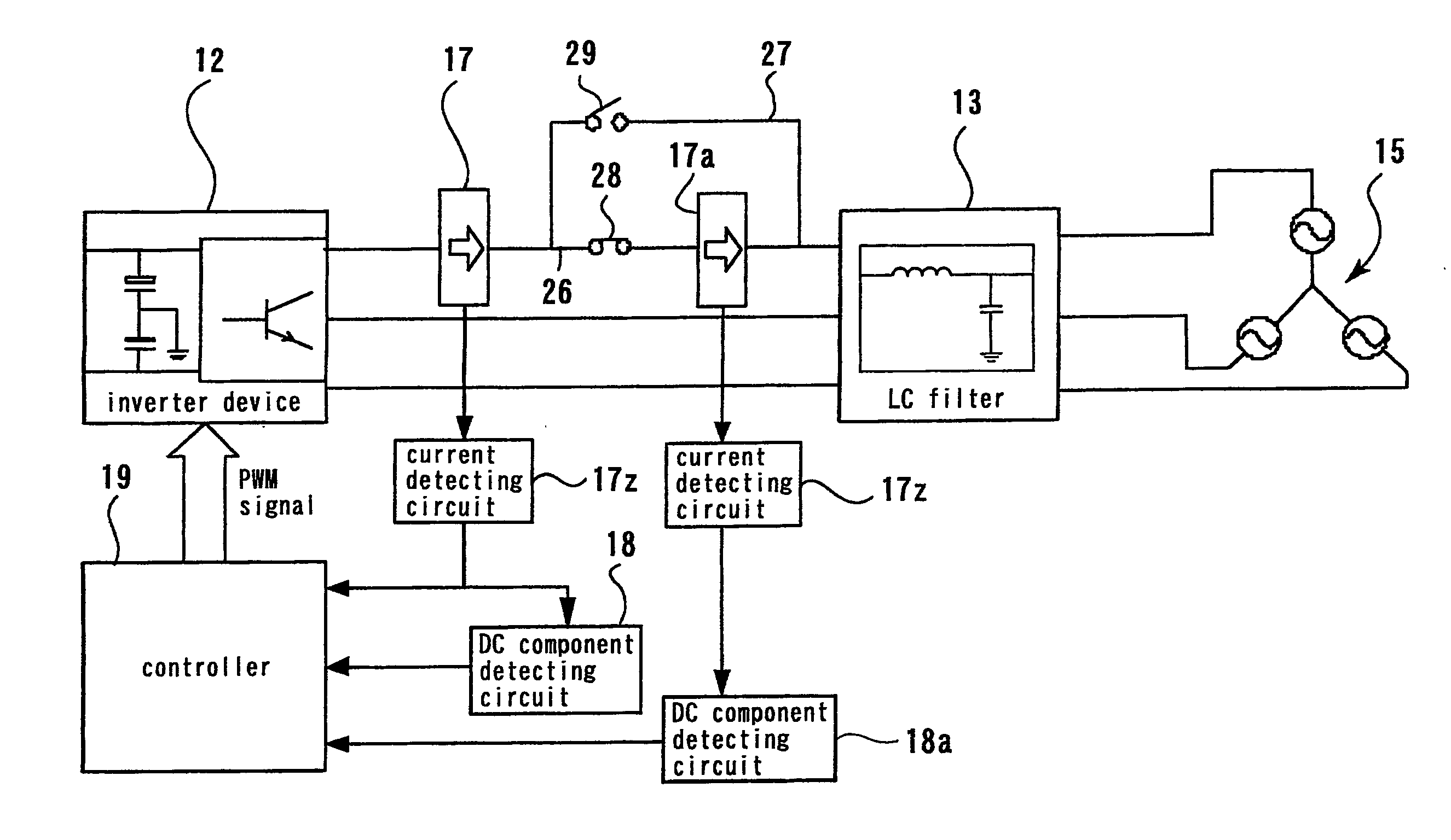 Circuit and system for detecting dc component in inverter device for grid-connection