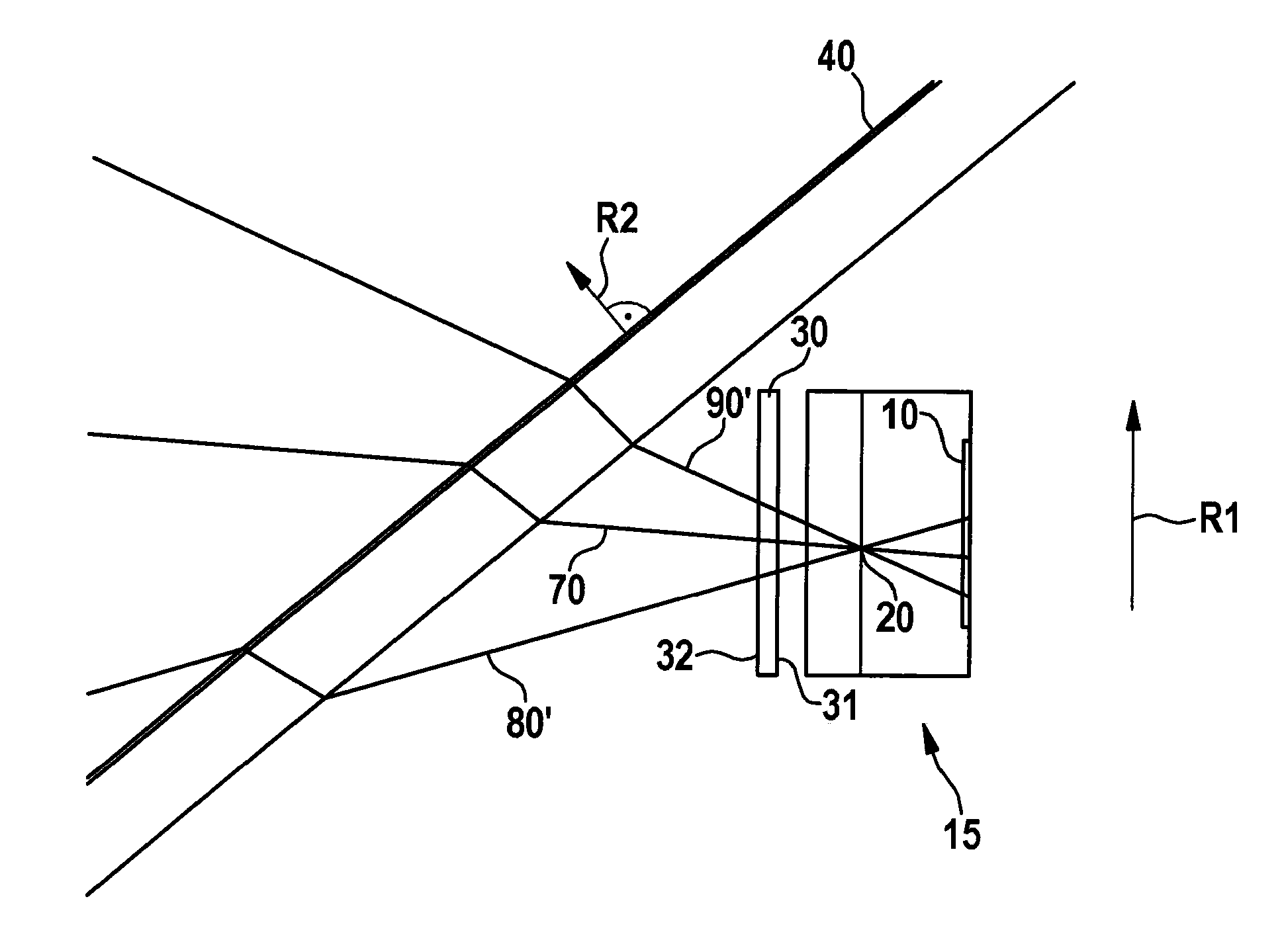Device for a motor vehicle including an optical area sensor having an optical semiaxis and an optical system having an aperture angle and use of the device in a vehicle
