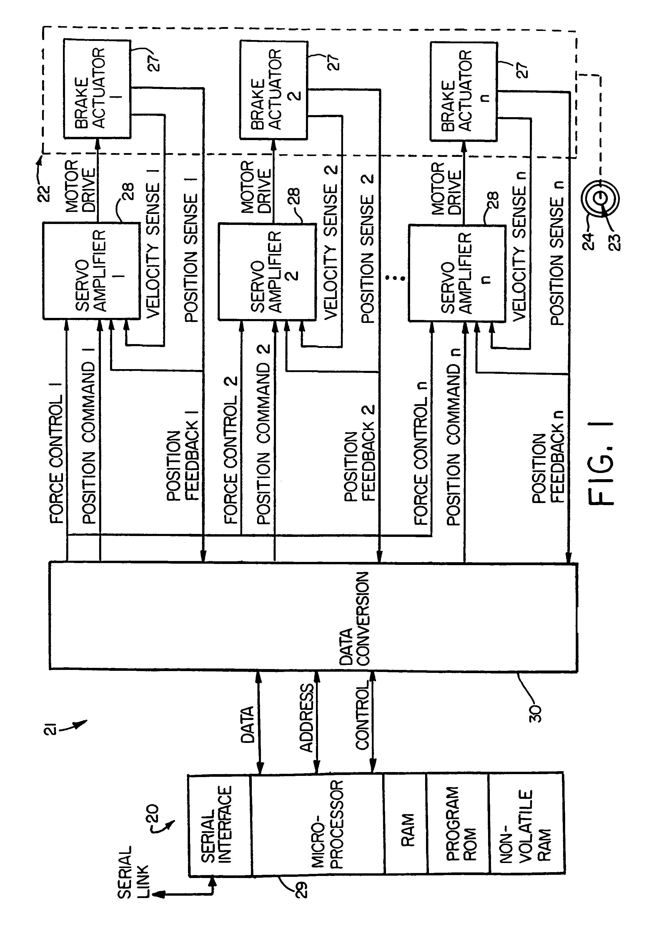 Electronic aircraft braking system with brake wear measurement, running clearance adjustment and plural electric motor-actuator ram assemblies
