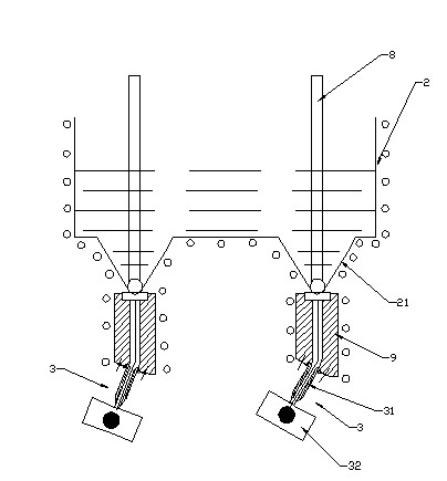 Double-nozzle-scanning inclined spray type cylinder blank injection moulding device