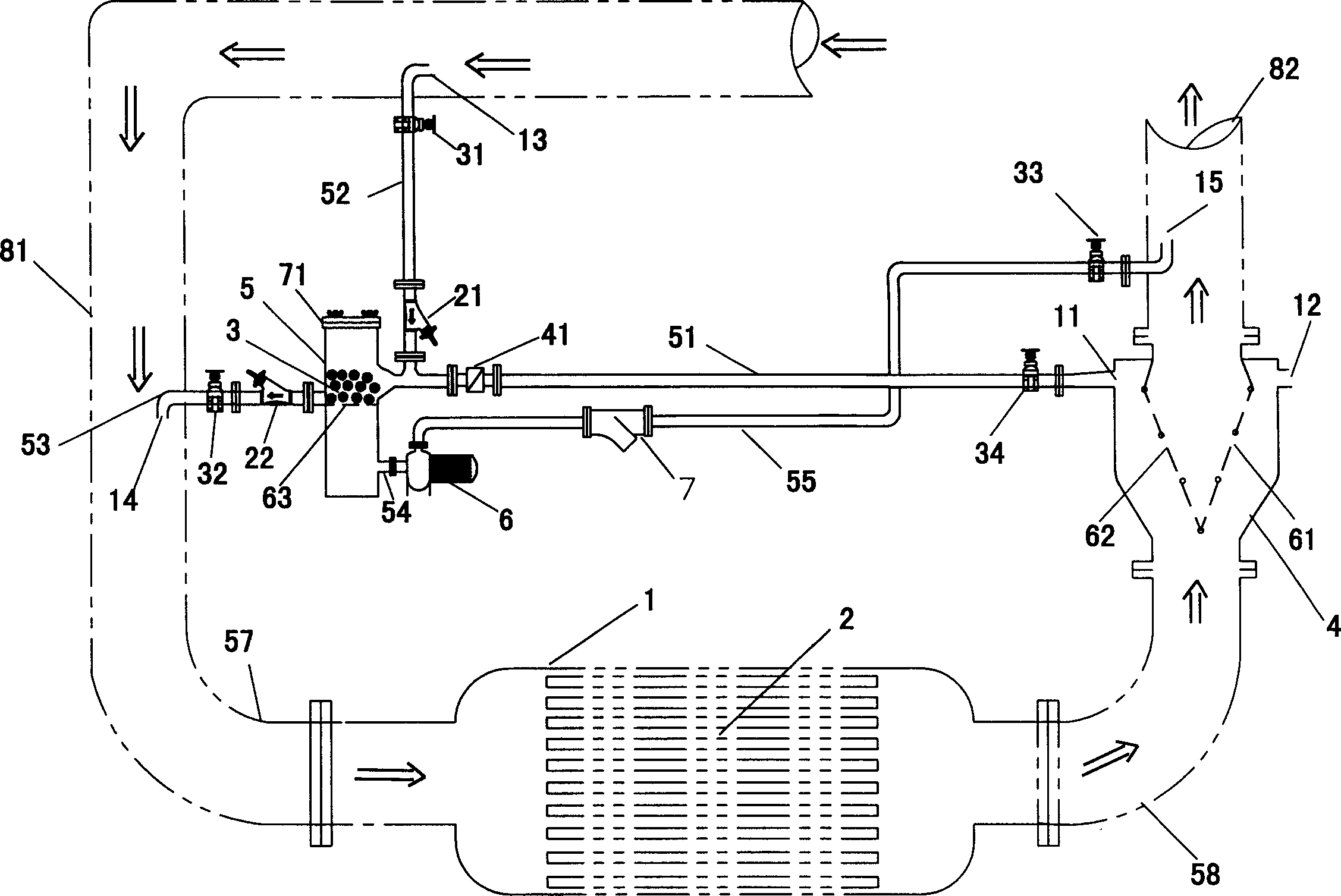 Automatic purging system in water-ballast condenser line pipes
