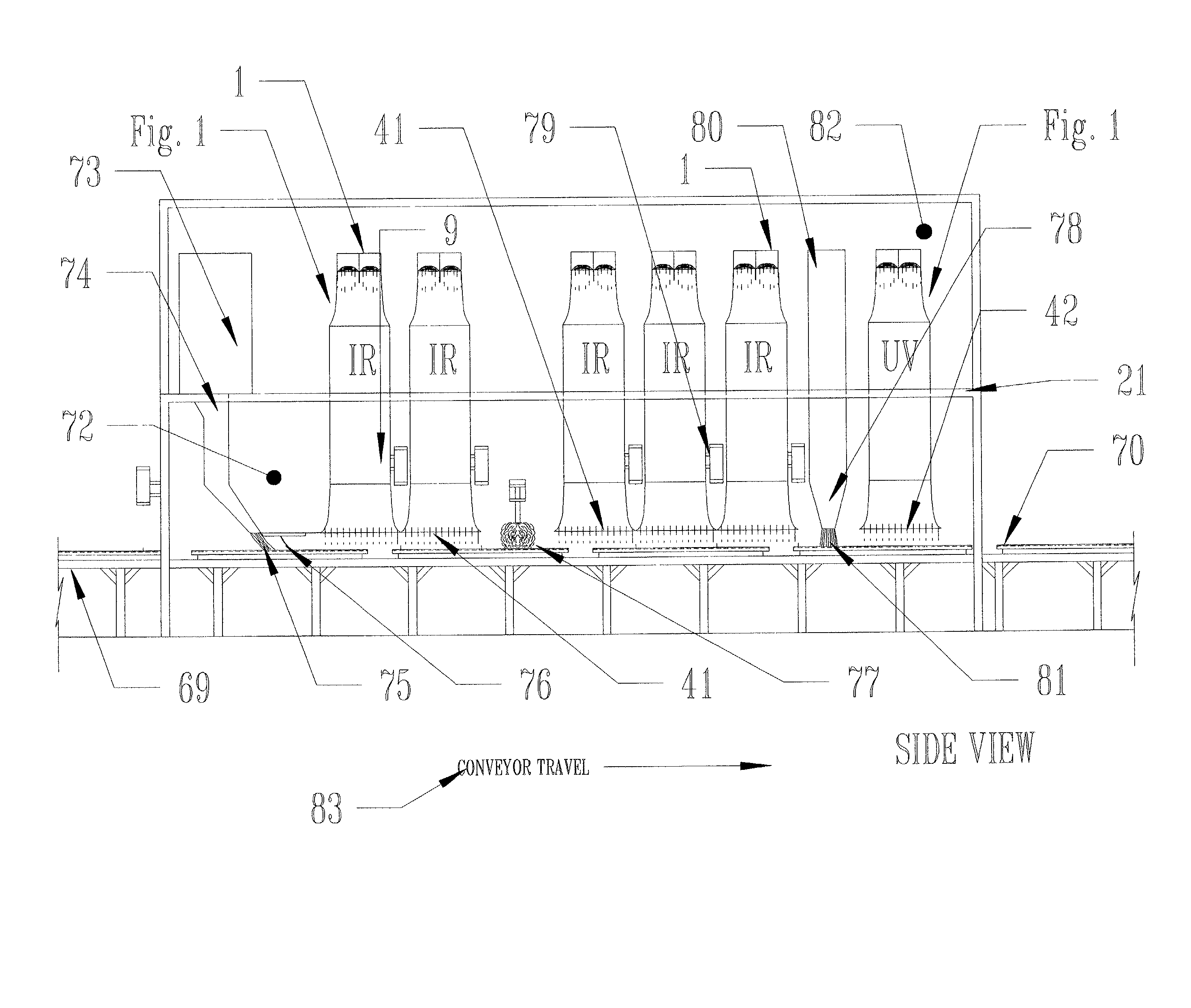 Method and apparatus for processing coatings, radiation curable coatings on wood, wood composite and other various substrates