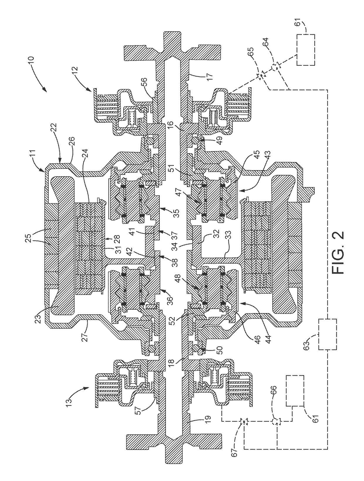 Electric motor with coaxial clutch packs that provide differential and torque vectoring