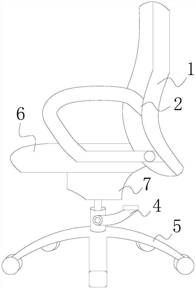 A reclining control device for office chairs using gap movement and slow rebound