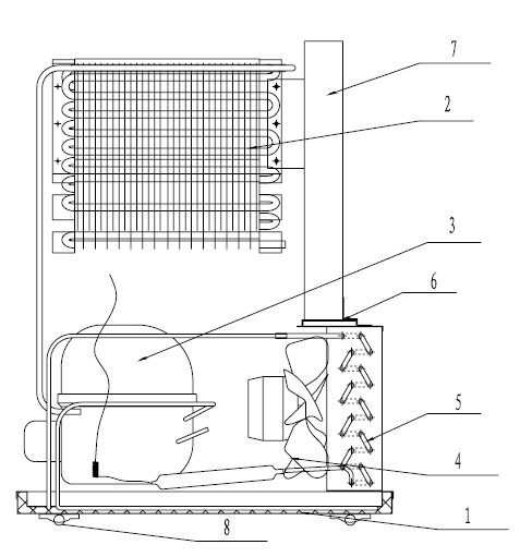 Front-installed integral refrigerating system module of horizontal refrigerator