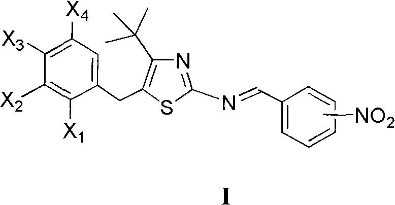 4-tertiary butyl-2-(nitrobenzyl imino) thiazole derivative as well as preparation method and application thereof