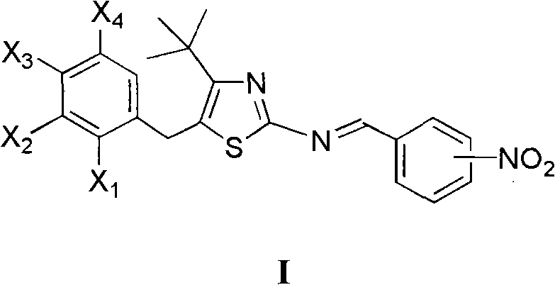 4-tertiary butyl-2-(nitrobenzyl imino) thiazole derivative as well as preparation method and application thereof