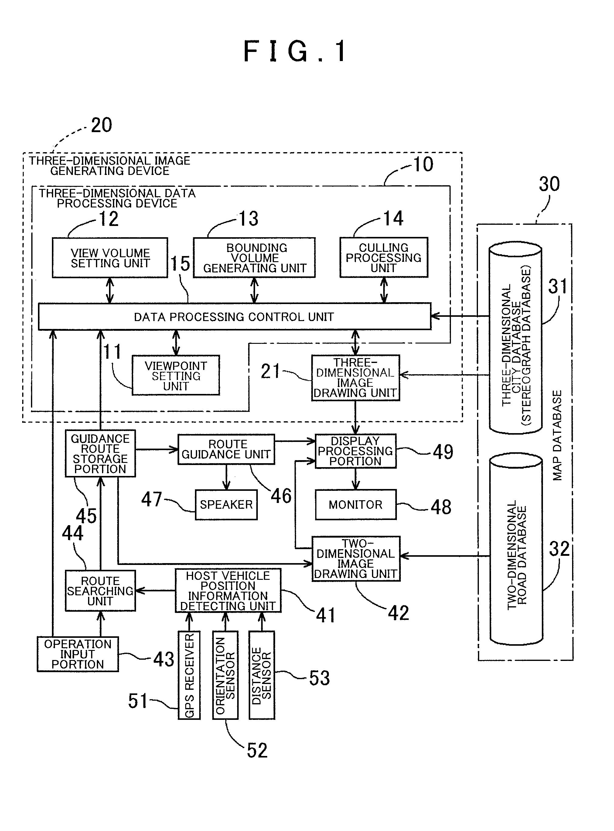 Three dimensional data processing device and method, three dimensional image generating device, navigation device, and computer-readable medium containing three-dimensional data processing program