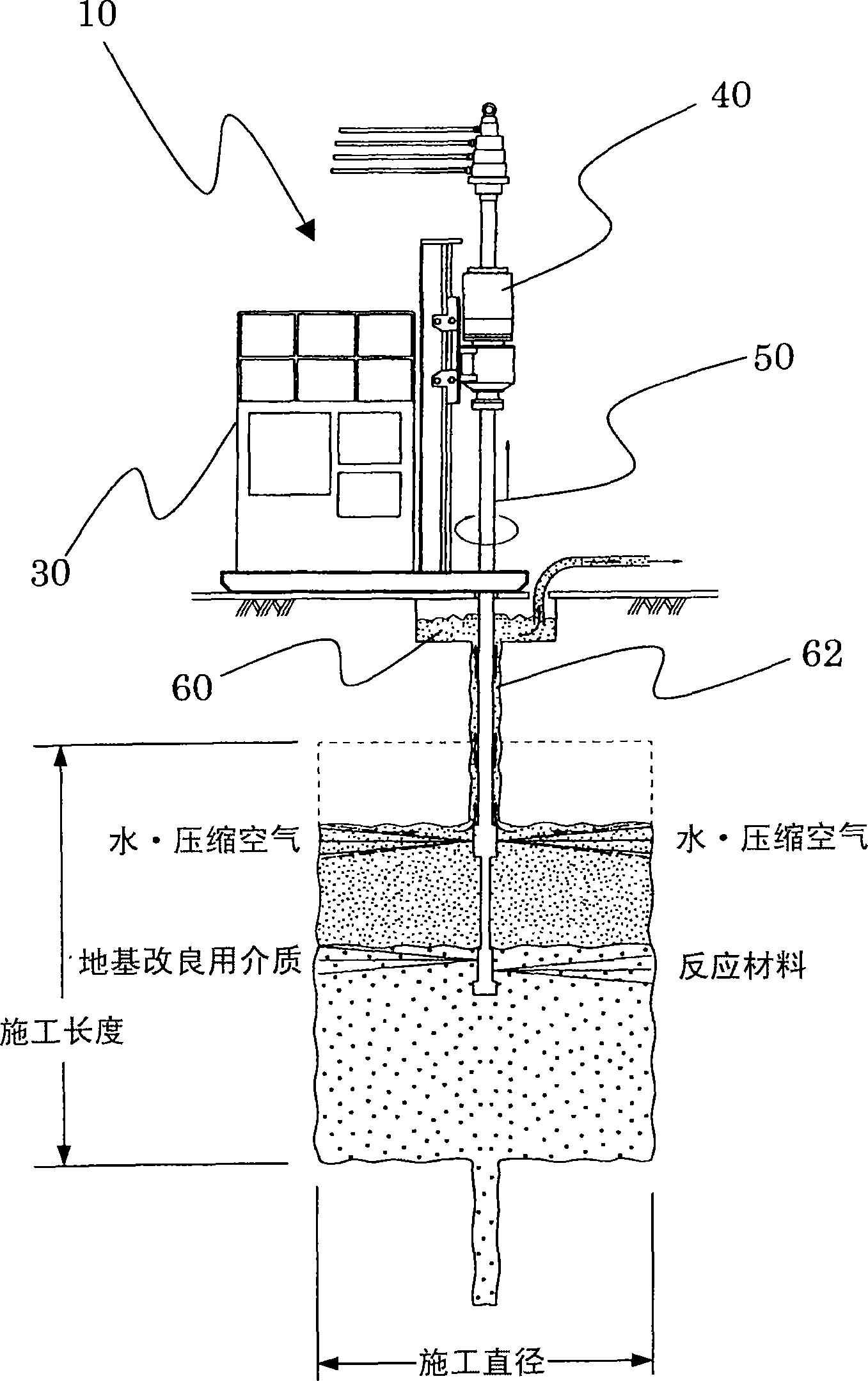 Jetting and agitating construction method and jetting and agitating device