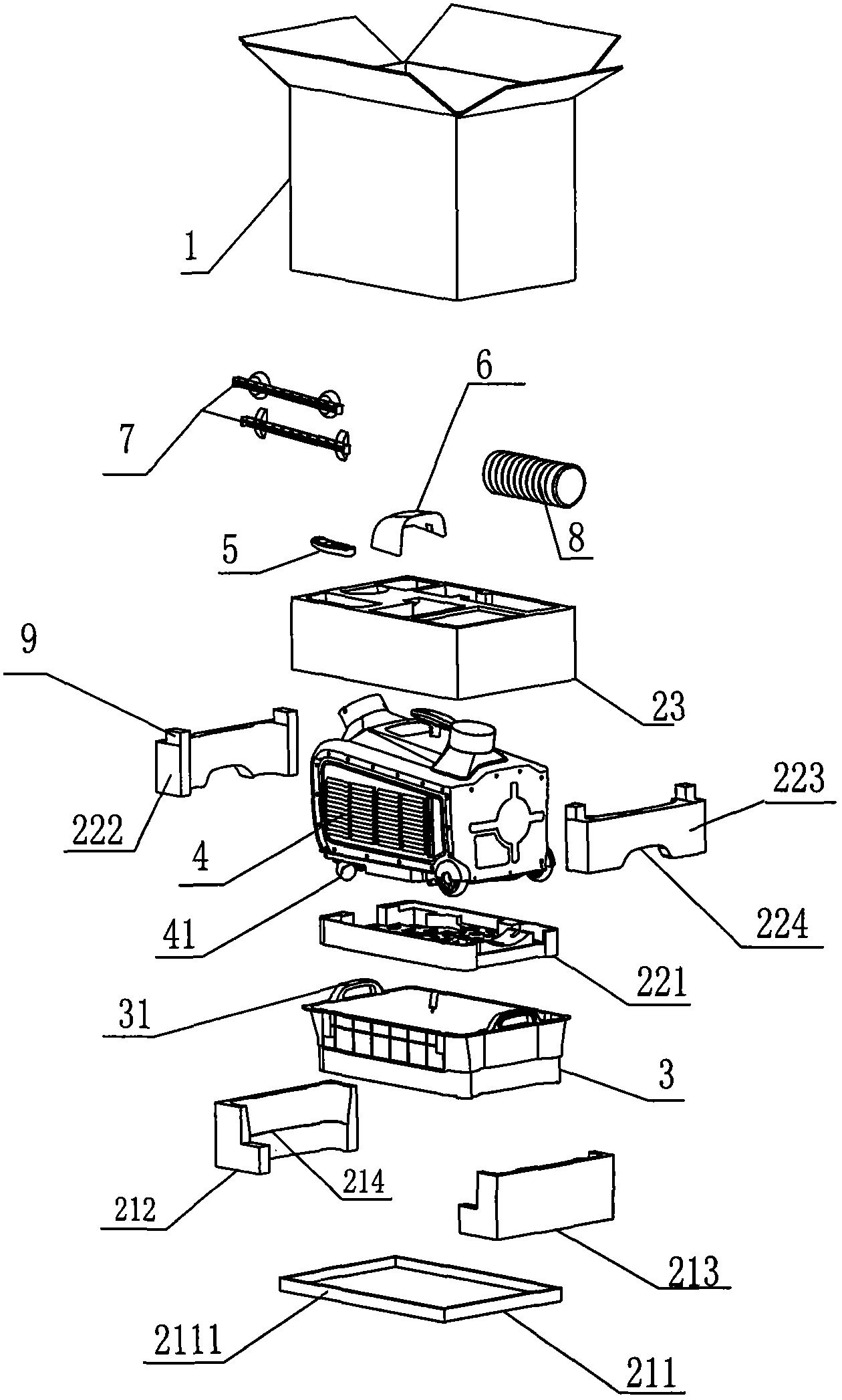Packaging structure of mobile air conditioner and installation method thereof