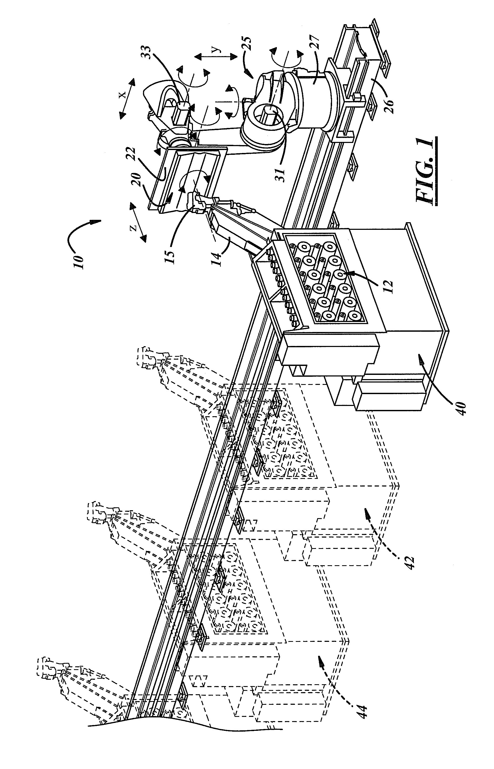 Robotic based fiber placement cell with stationary dispensing head and creel