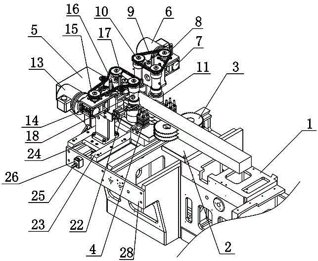 Clamping and forced conveying mechanism based on discharging end of vertical-axis ripping saw
