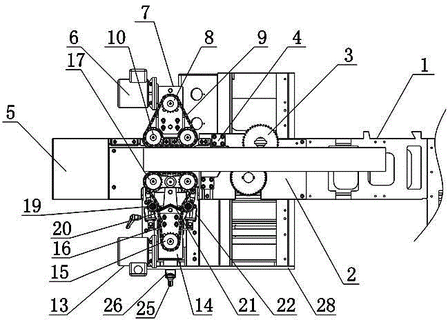 Clamping and forced conveying mechanism based on discharging end of vertical-axis ripping saw