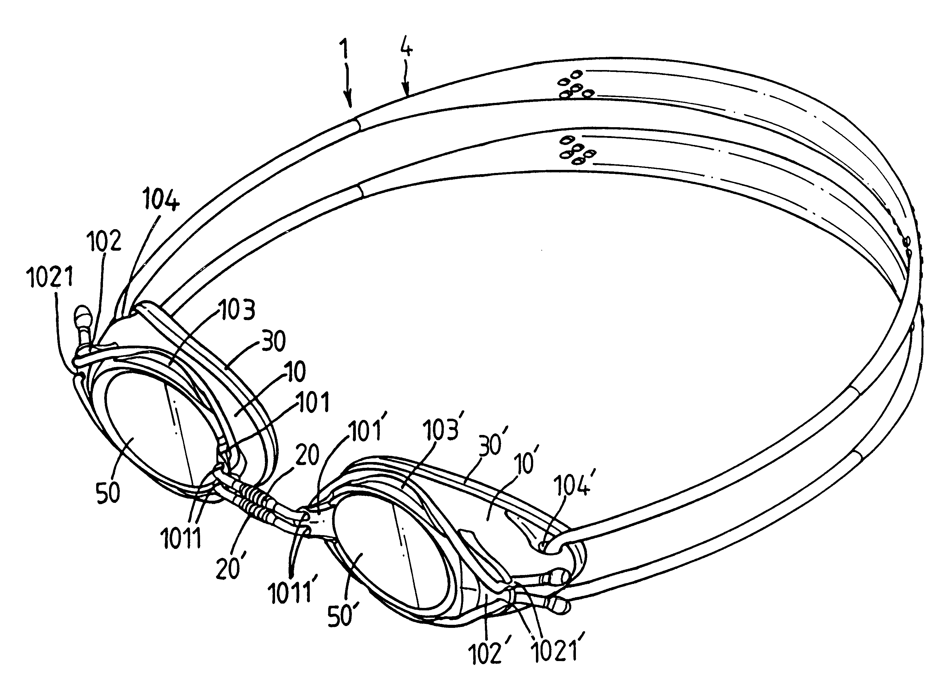 Swimming goggles with step-less adjustment