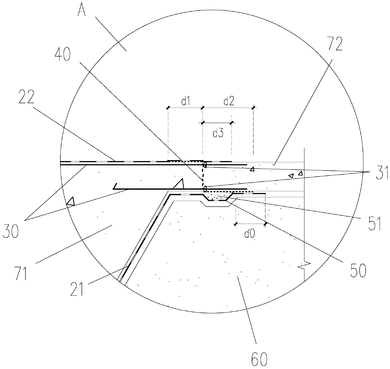 High-low terrain building foundation waterproof closing structure and process