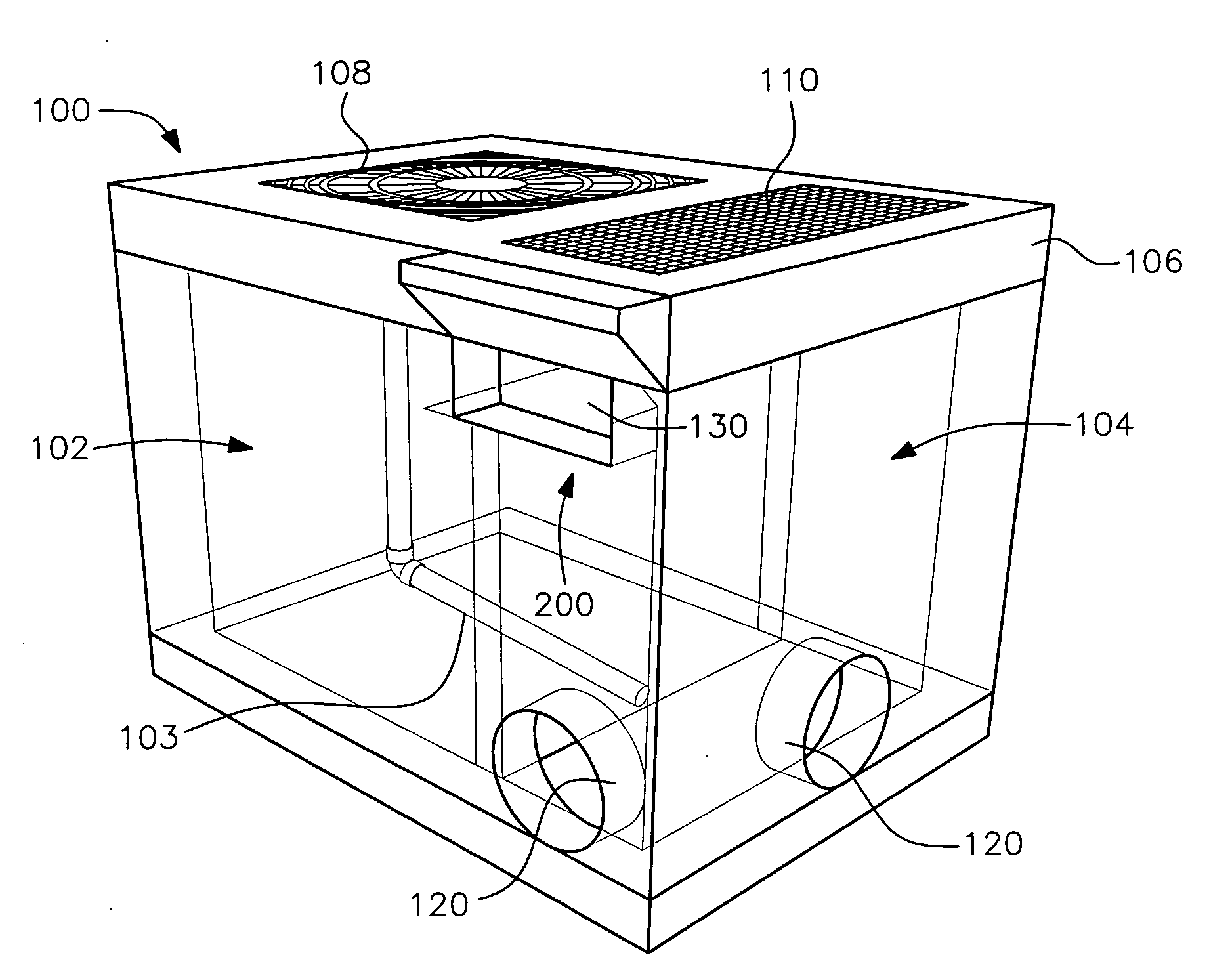 Stormwater treatment system with two chamber treatment container and overflow tray