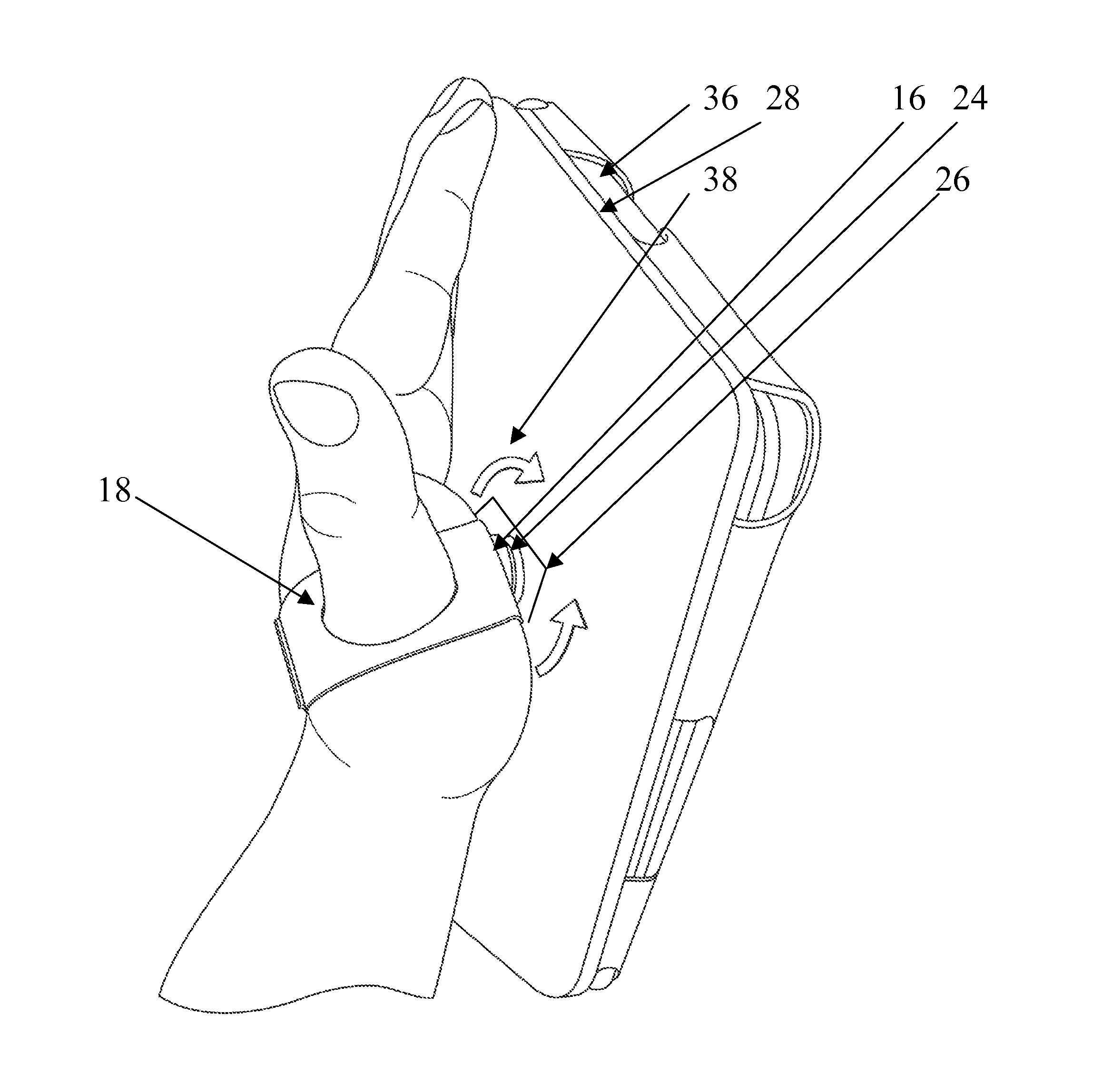 Carrying aid equipped with thumbhole and button snap fastener to permit transporting and swiveling of a portable touch screen device