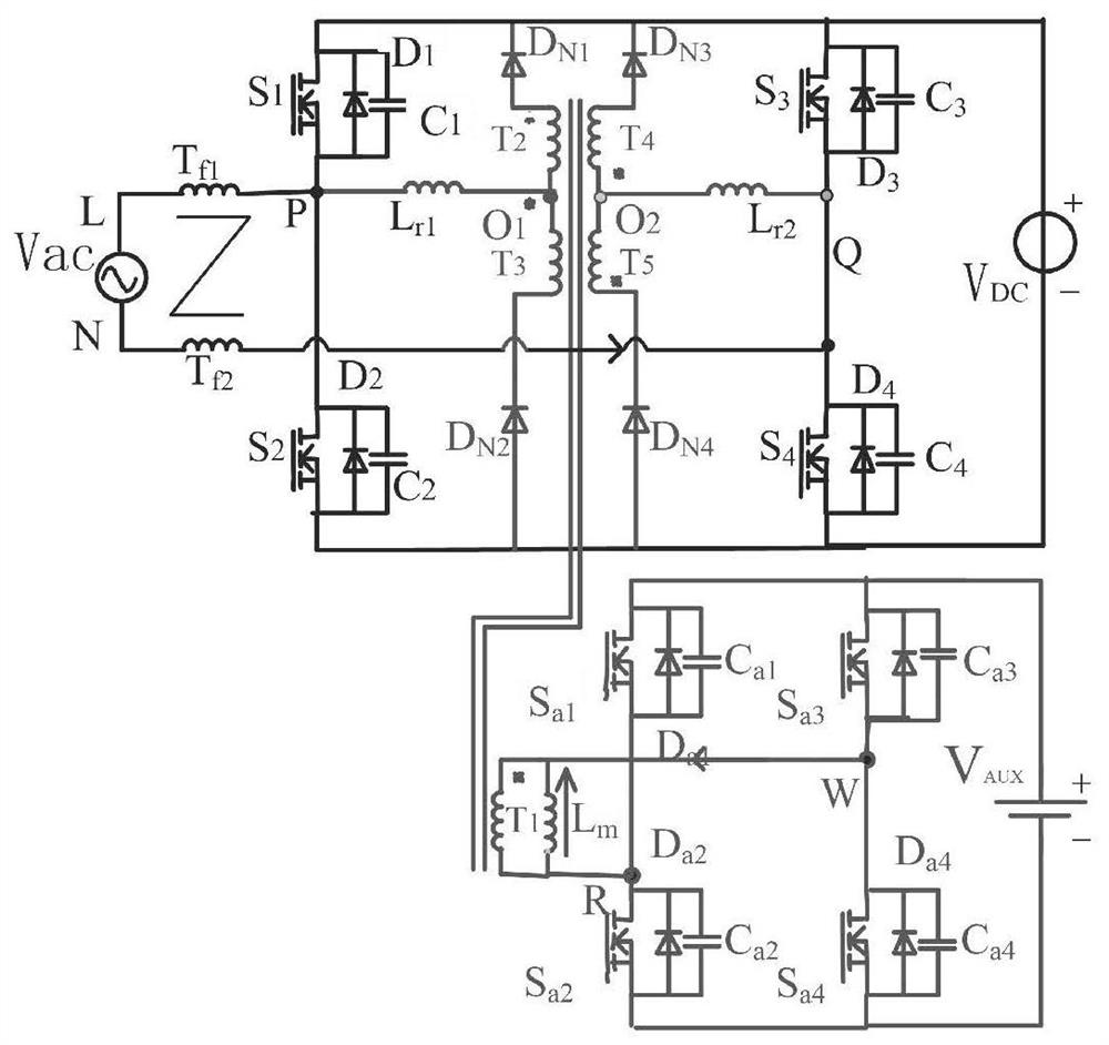 Bridgeless double-Boost power factor correction rectifier for left-right alternating auxiliary current conversion
