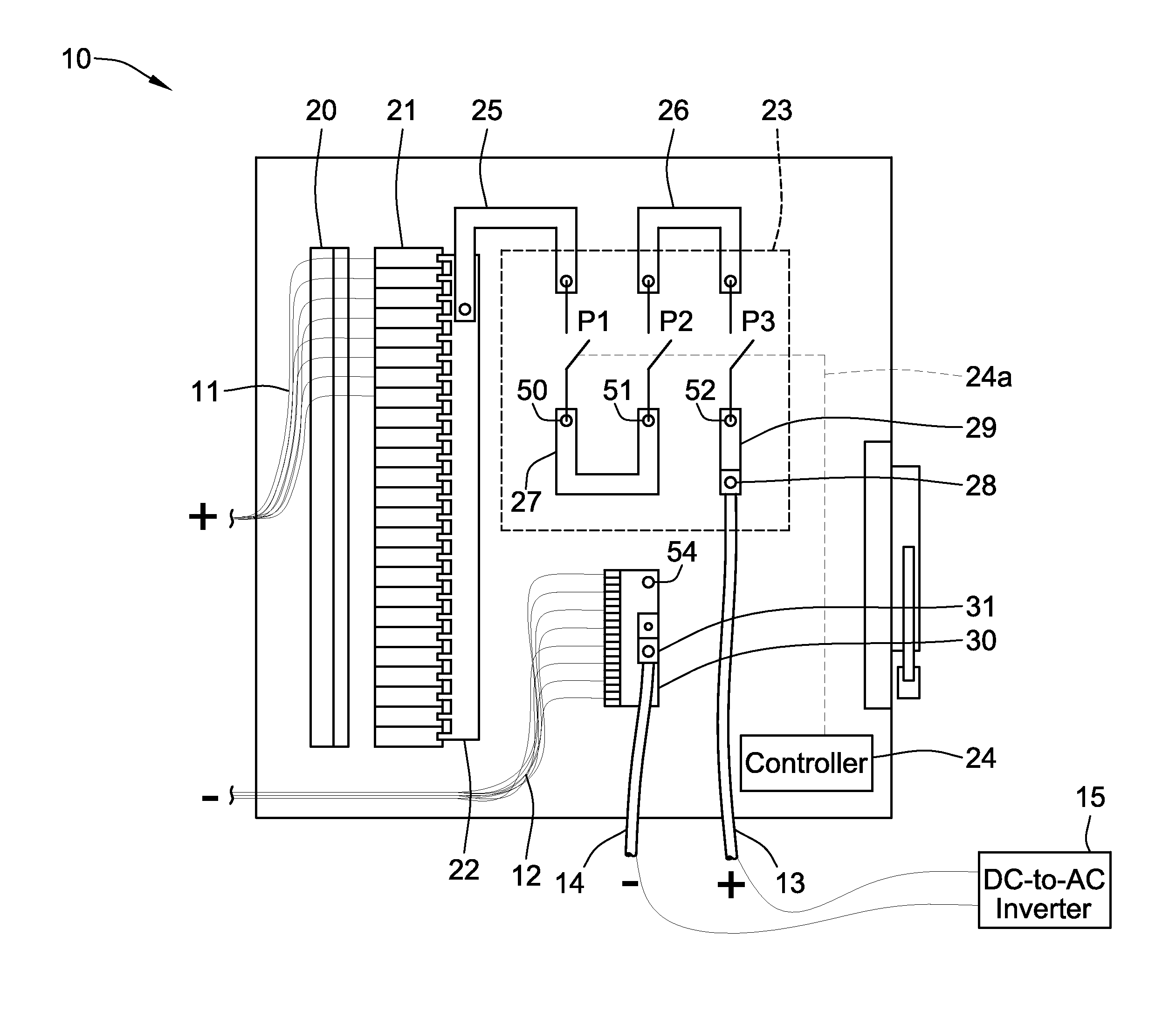 Photovoltaic string combiner with disconnect having provision for converting between grounded and ungrounded systems