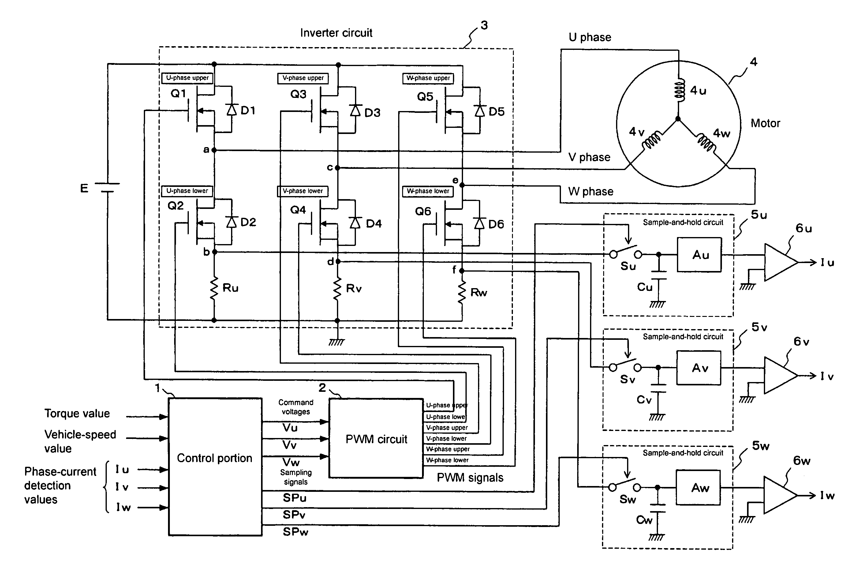 Inverter circuit with switching deadtime synchronized sample and hold current detection