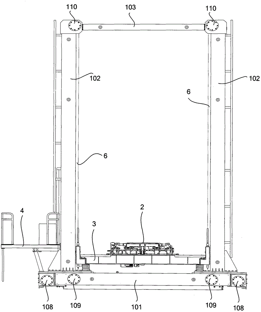 Four-post stacker of transporting train bogie