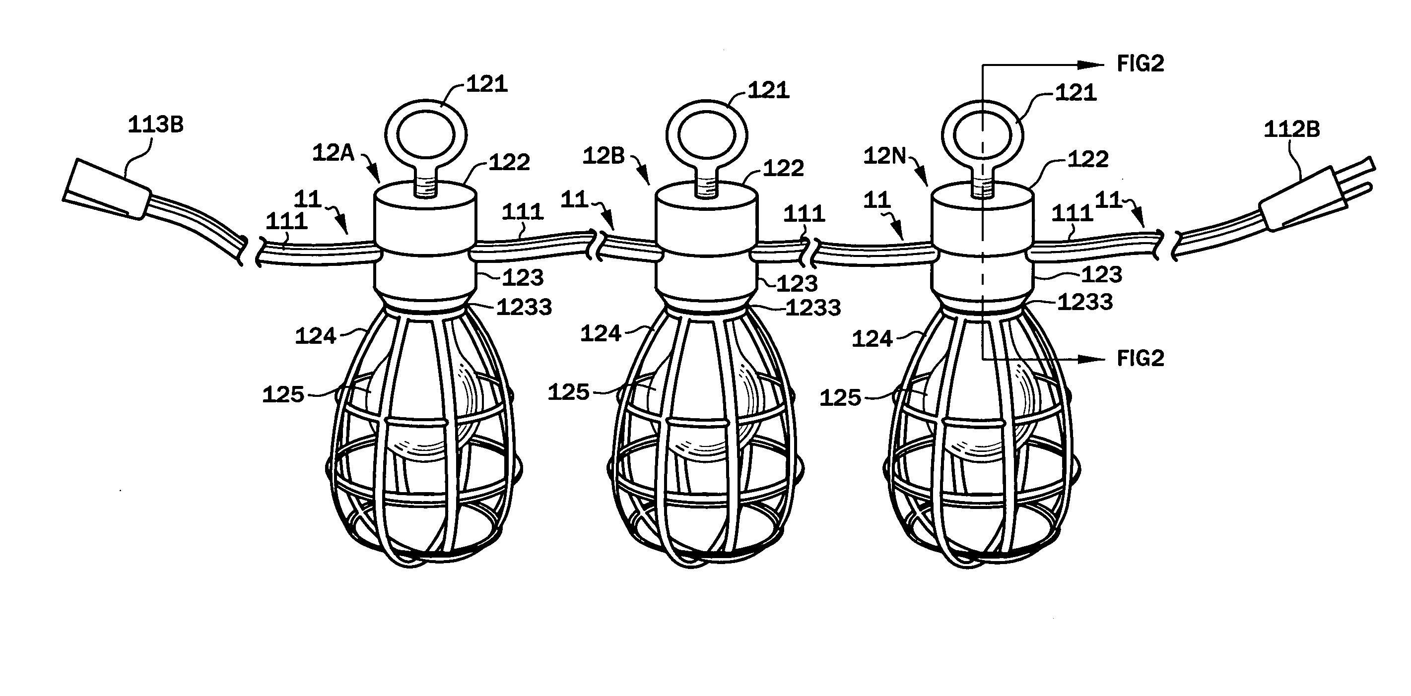 Temporary work light string with variably-positionable and re-positionable readily-replaced lamp, optionally with integral hangers, that are optionally electrically connected to plural electrical circuits