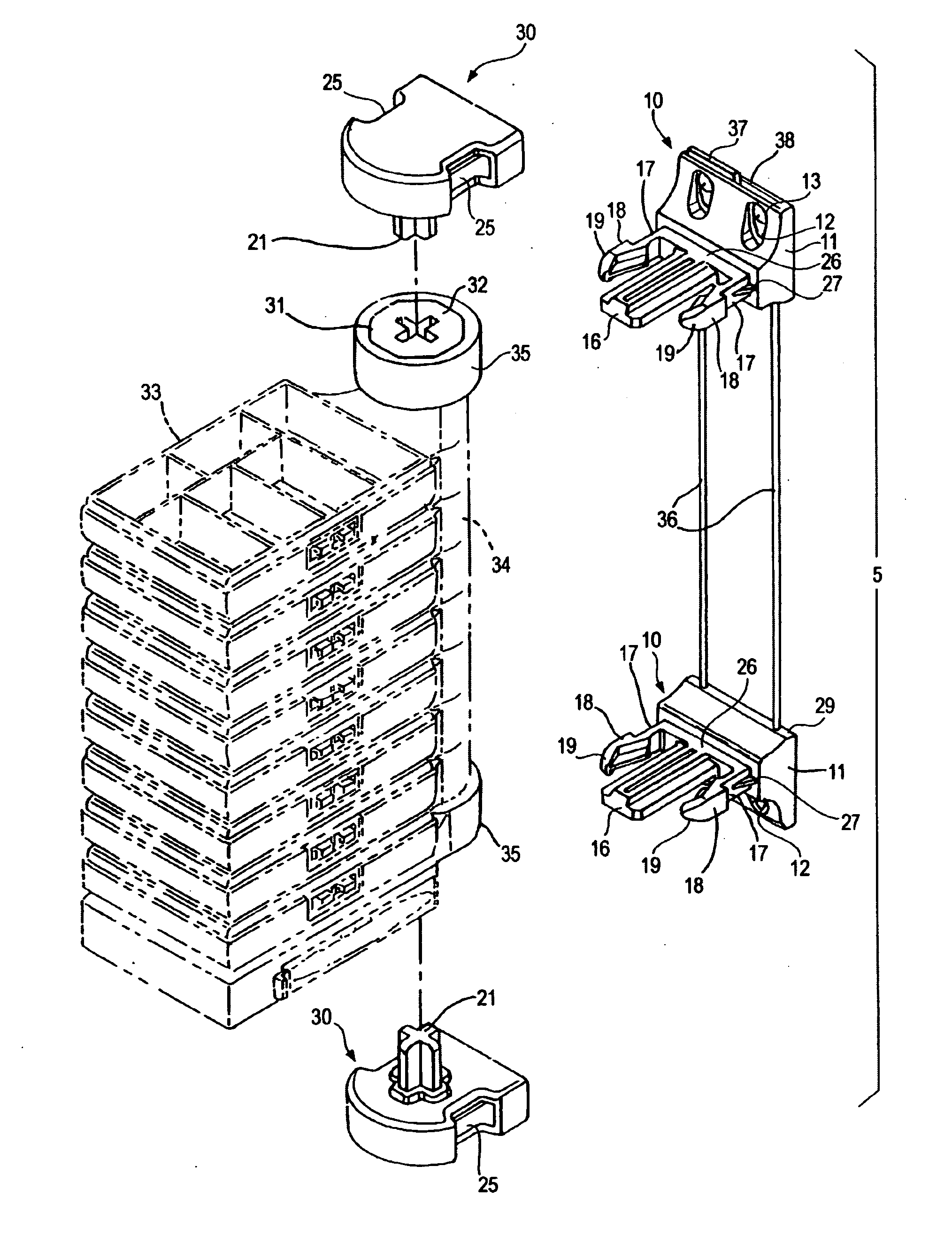 Tool box fastening device for fastening a tool box set to a vertical wall